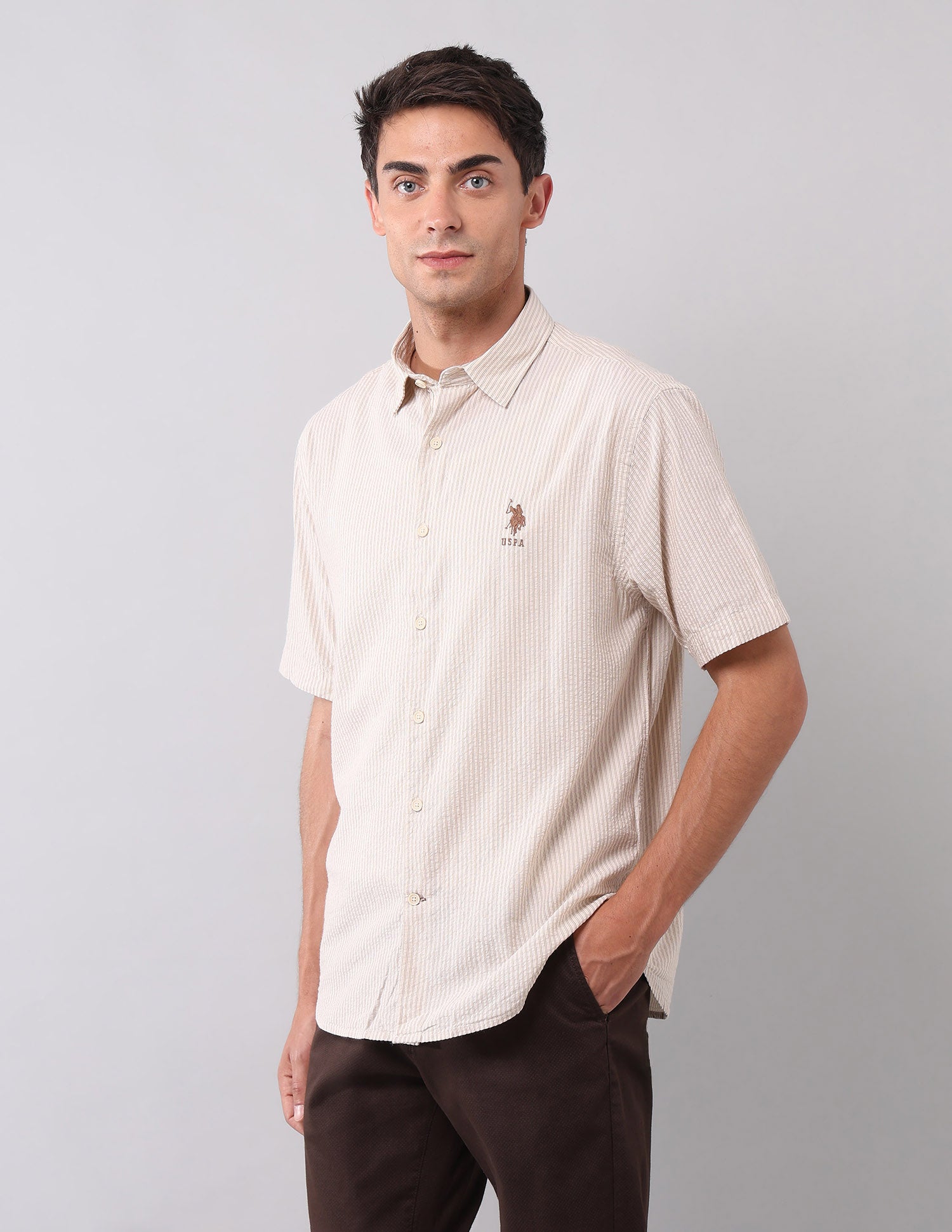 Vertical Striped Pure Cotton Shirt Beige - U.S. POLO ASSN. | Large