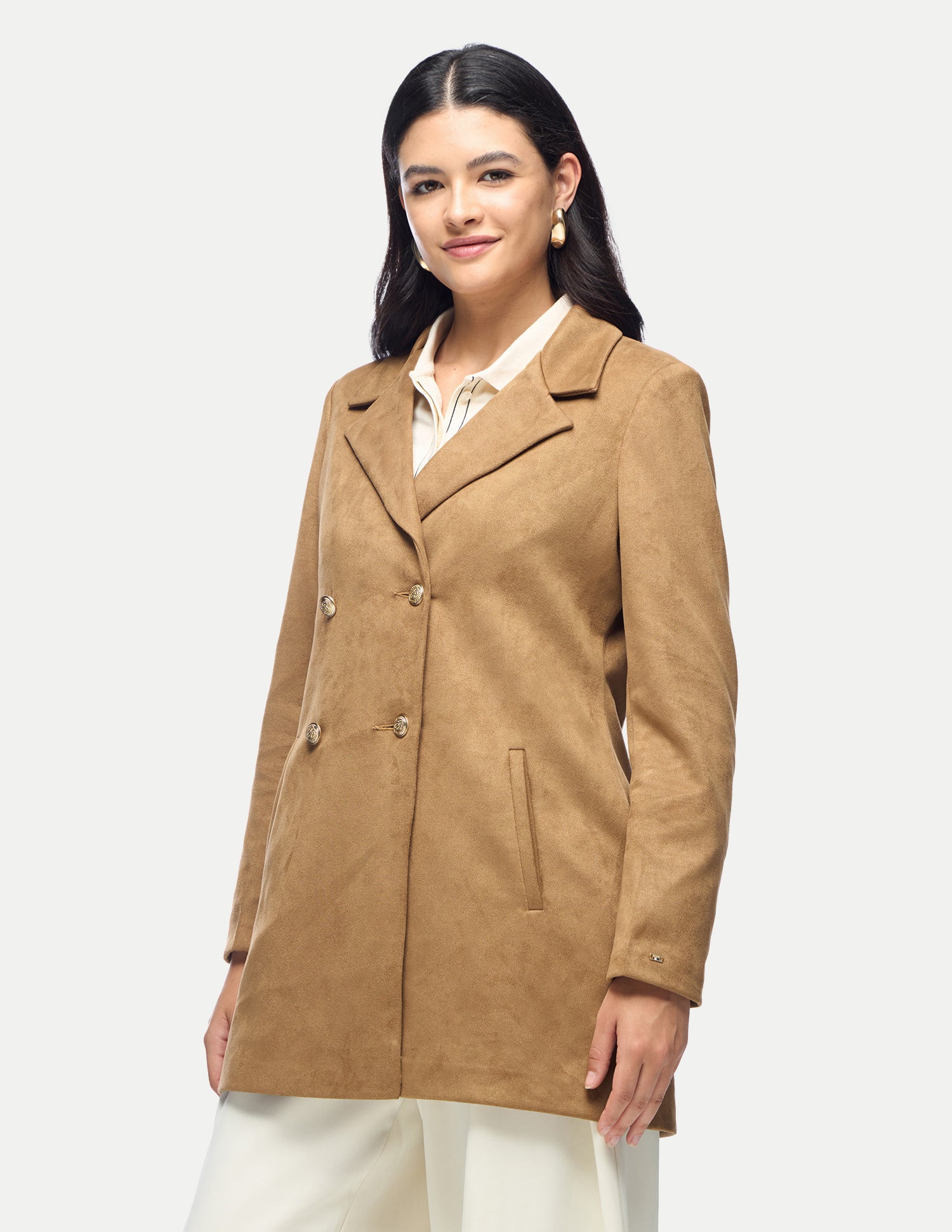 Solid Longline Double Breasted Jacket Brown - U.S. Polo Assn. India | Large