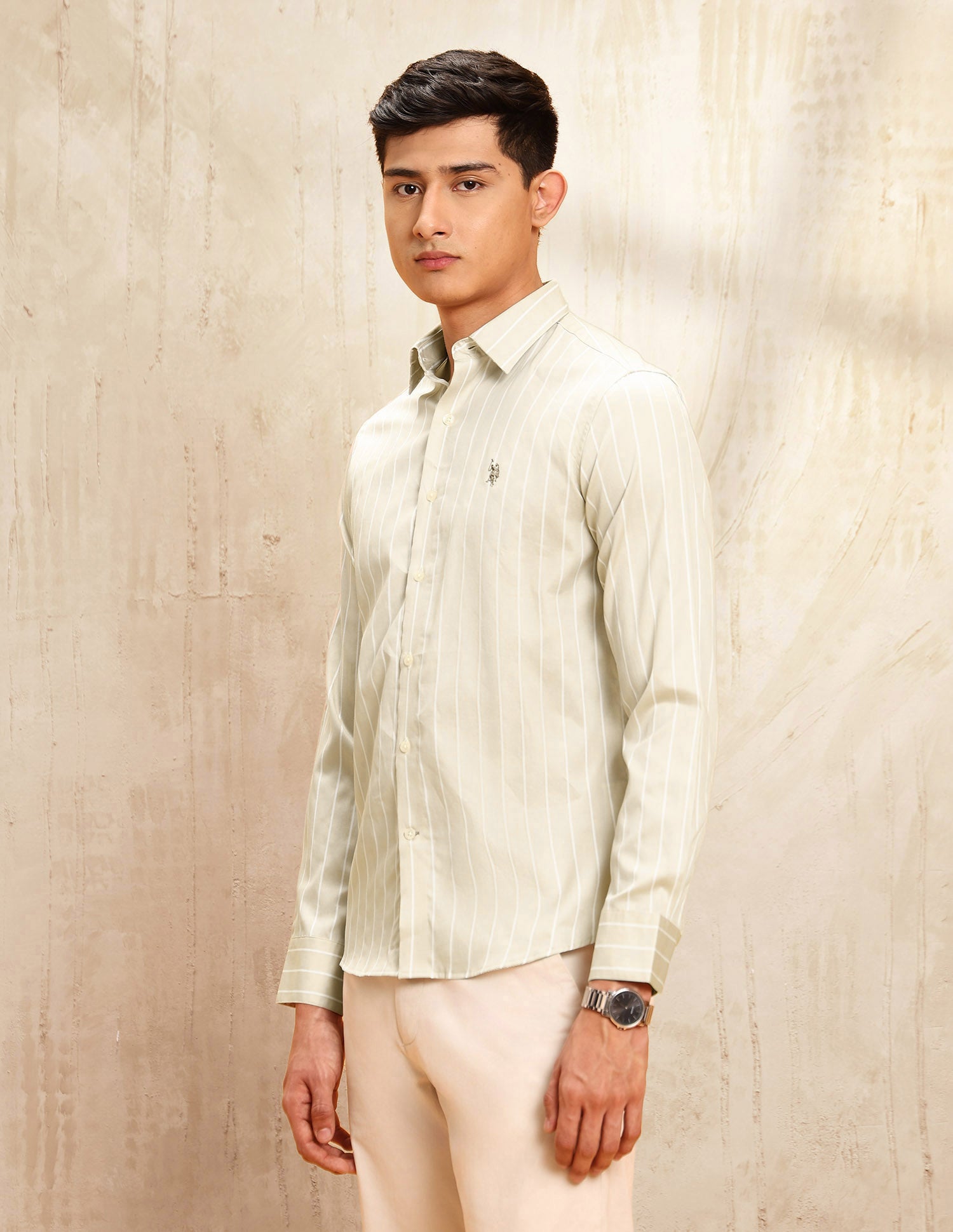 Vertical Striped Tailored Fit Shirt Beige - U.S. POLO ASSN. | Large
