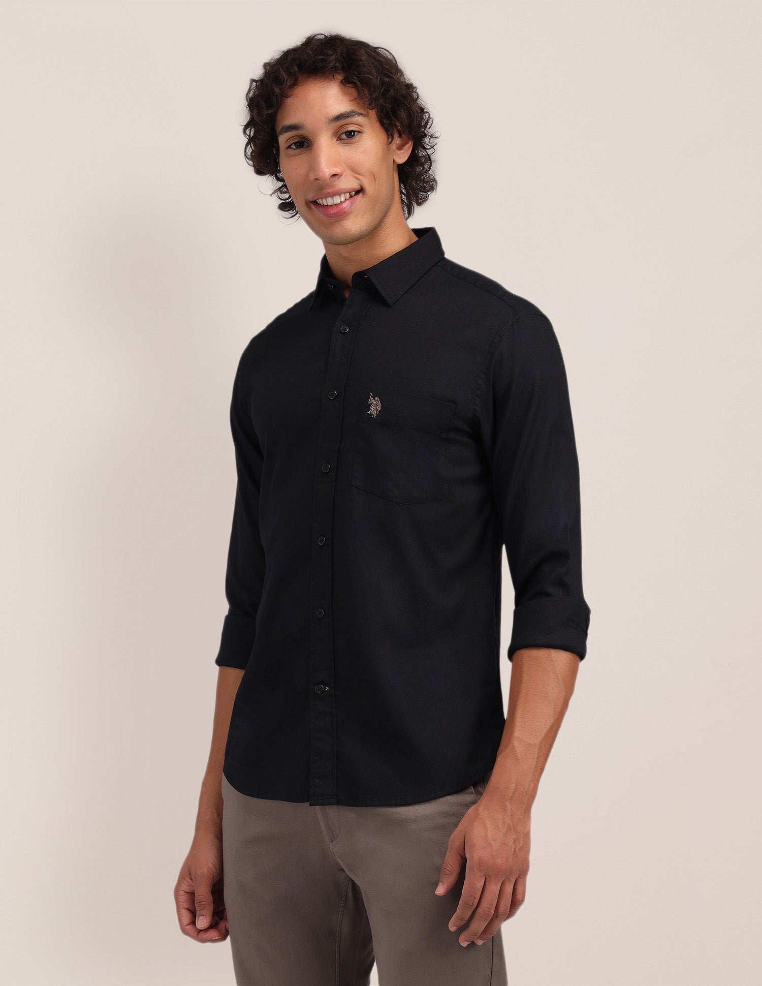 Solid Pattern Dobby Shirt Black - U.S. Polo Assn. India | Large