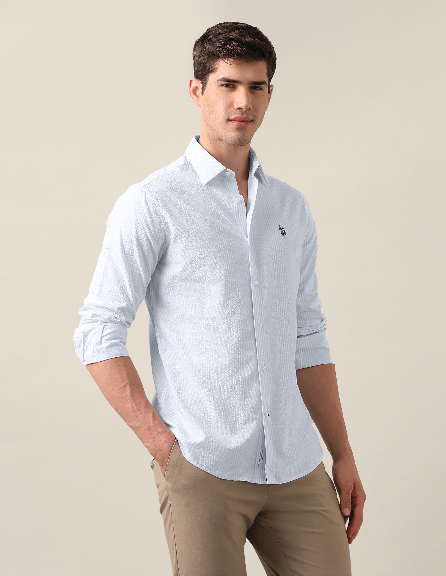 Vertical Striped Seersucker Shirt Light Blue - U.S. Polo Assn. India | Large