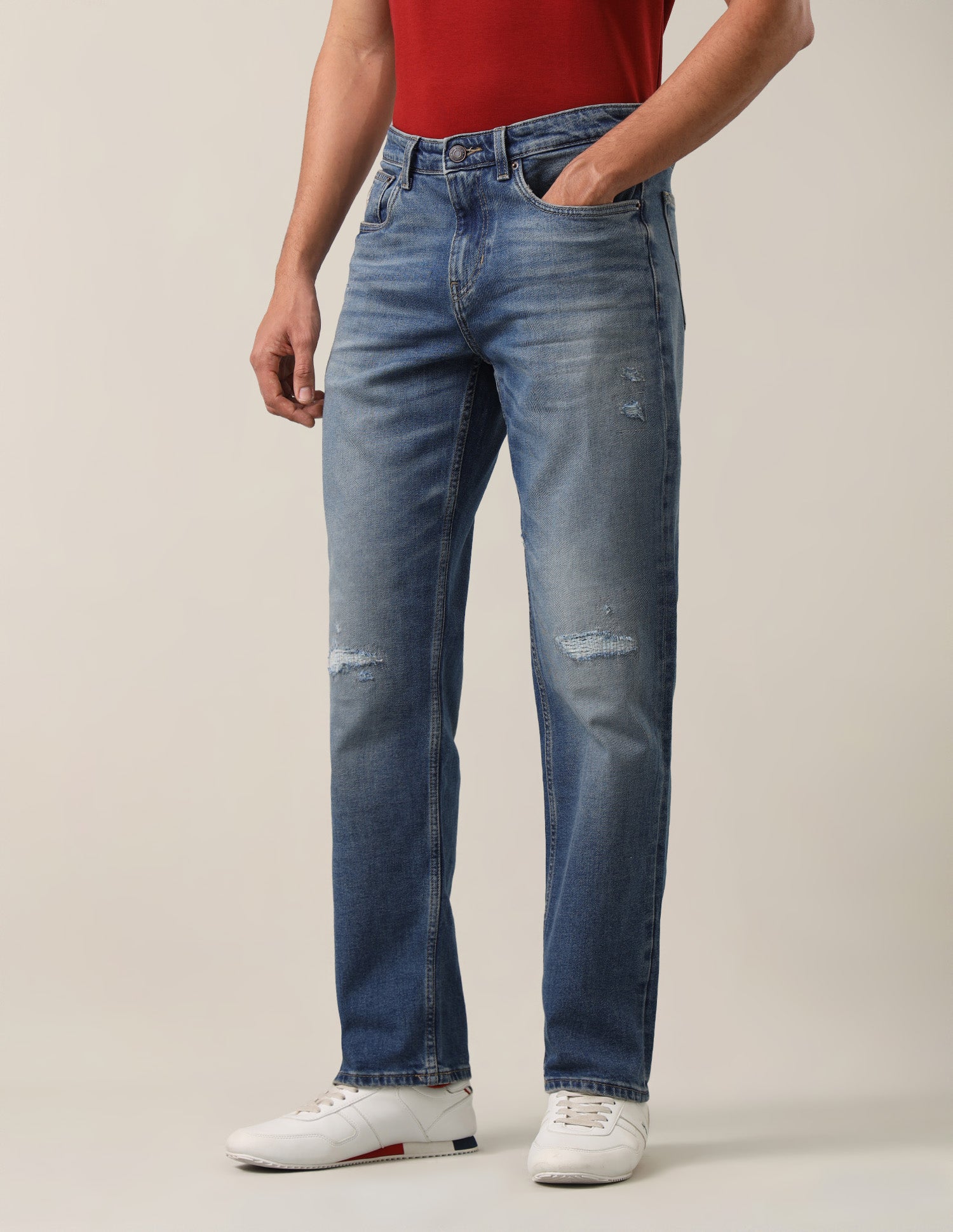 Shawn Relaxed Fit Blue Distressed Jeans Mid Blue - U.S. Polo Assn. India | Large