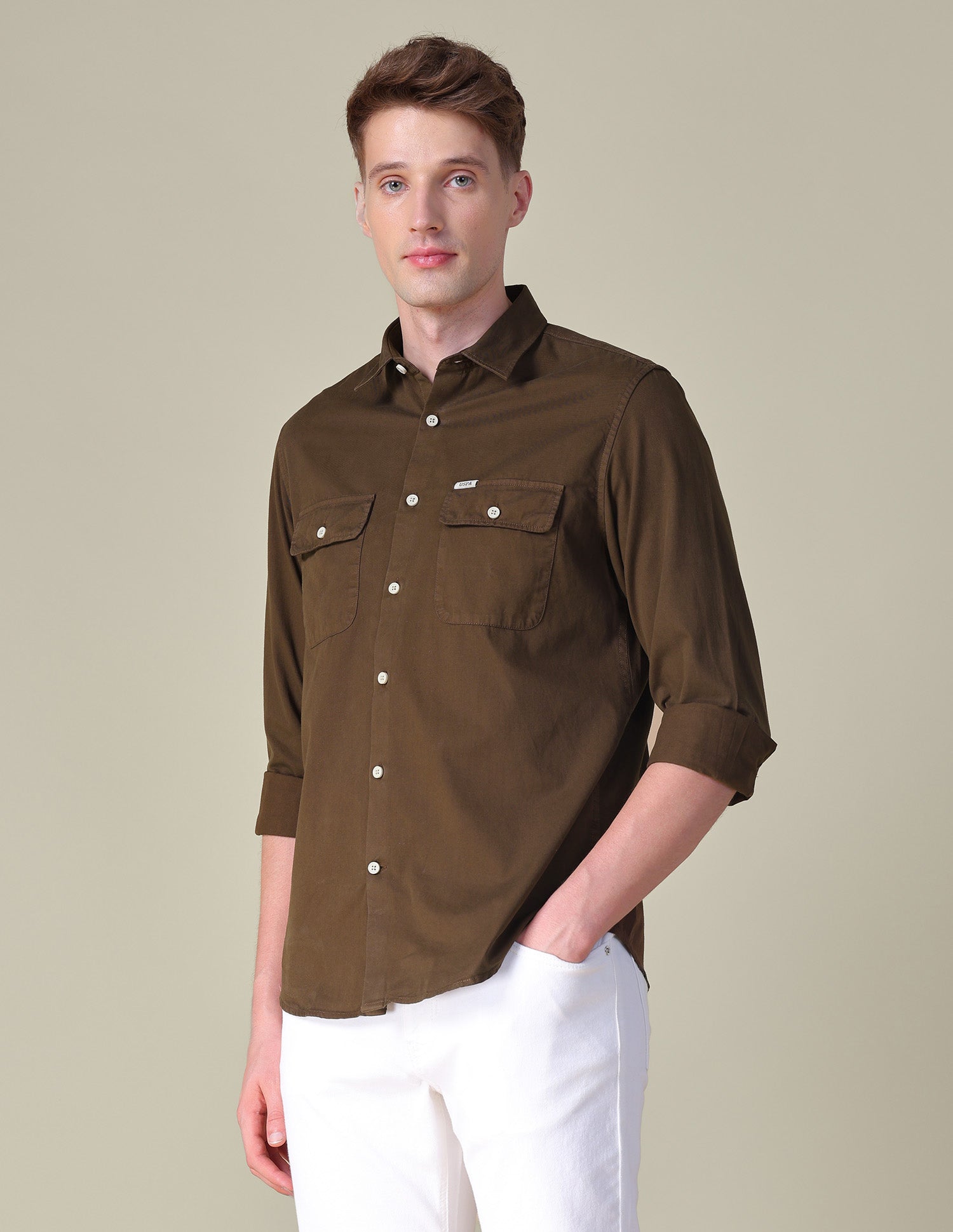 Twill Slim Fit Shirt Light Brown - U.S. POLO ASSN. | Large