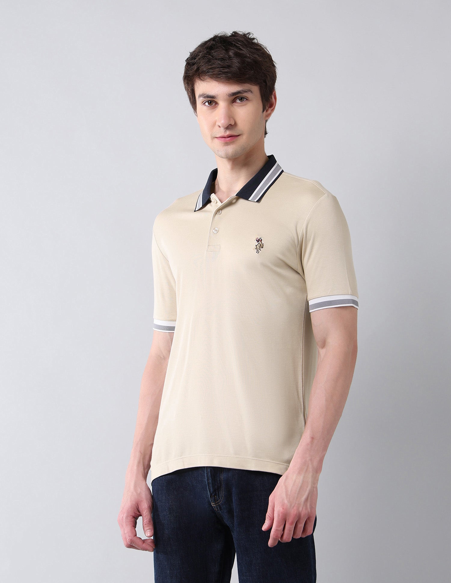 Solid Pure Cotton Muscle Fit Shirt Beige - U.S. Polo Assn. India | Large