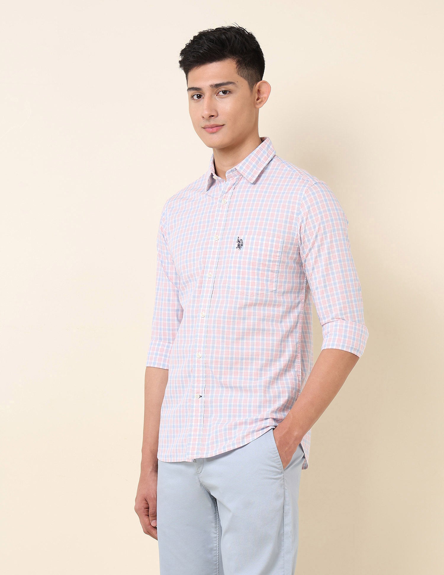 Pure Cotton Grid Tattersall Checked Shirt Light Pink - U.S. Polo Assn. India | Large