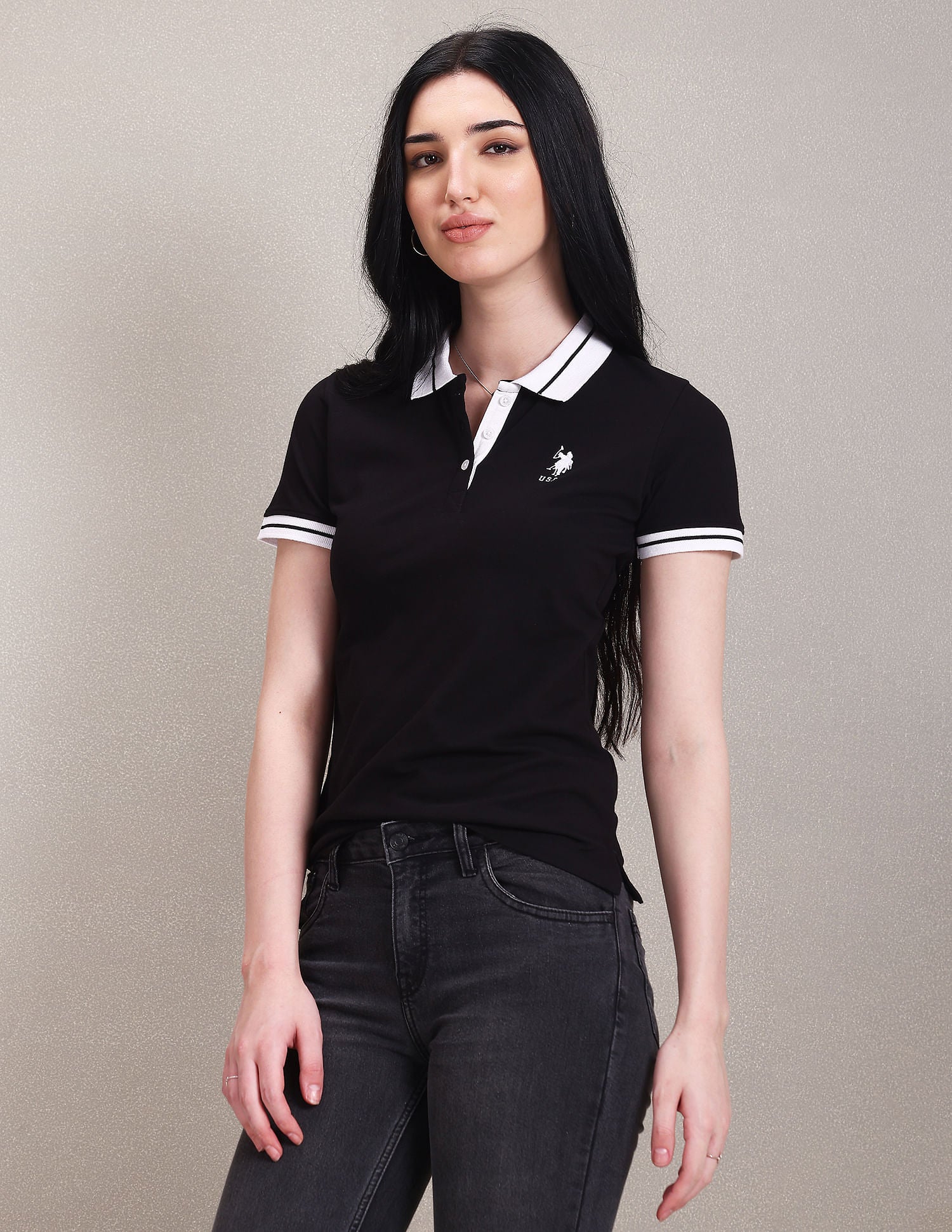 Striped Collar Pique Polo Shirt Black - U.S. POLO ASSN. | Large