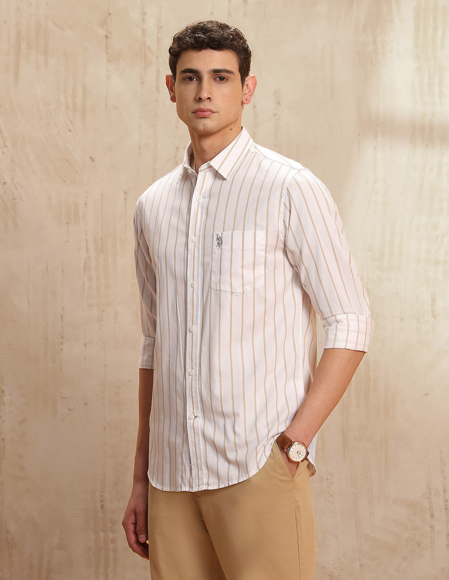 Tailored Fit Vertical Striped Shirt Beige - U.S. POLO ASSN. | Large