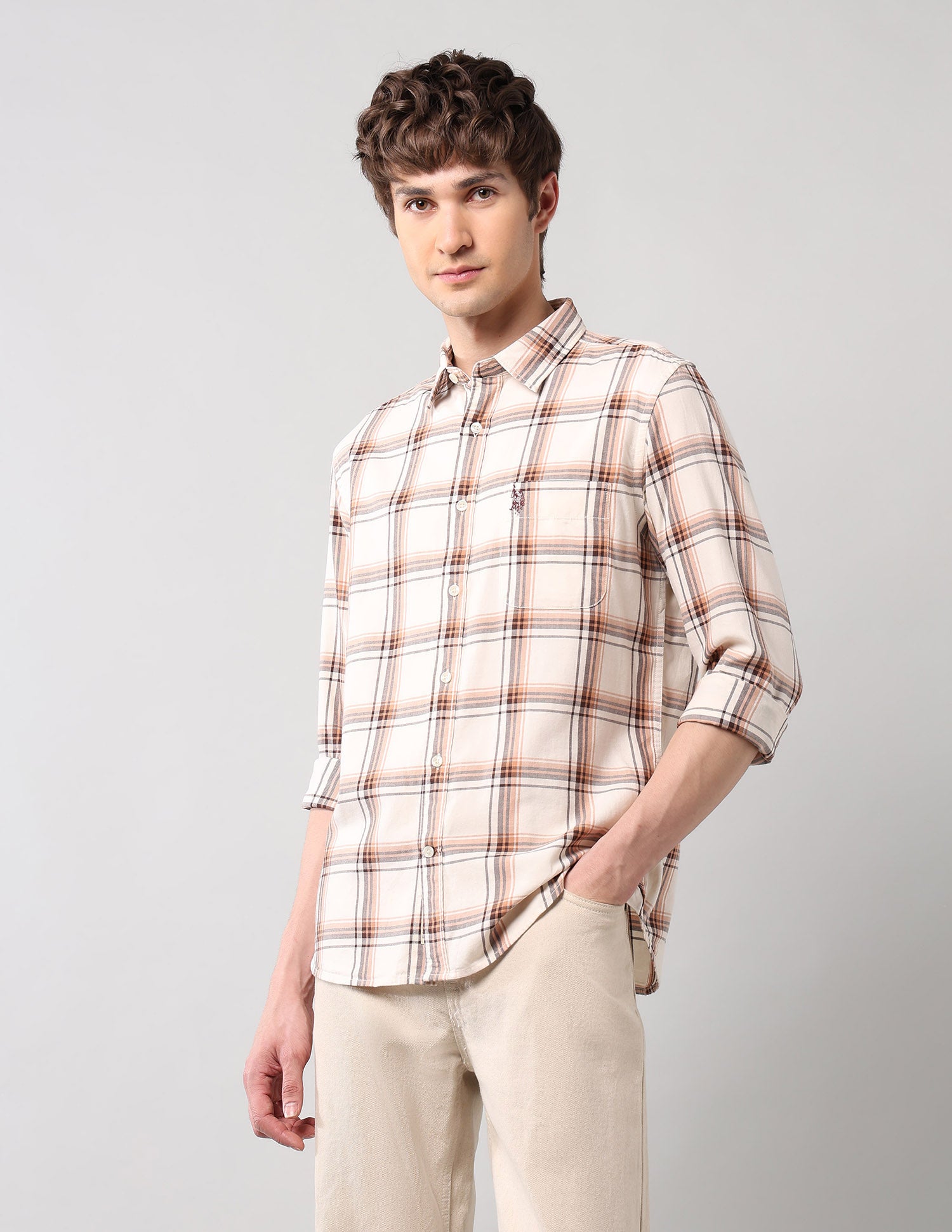 Grid Tattersall Checked Pure Cotton Shirt Ivory - U.S. POLO ASSN. | Large