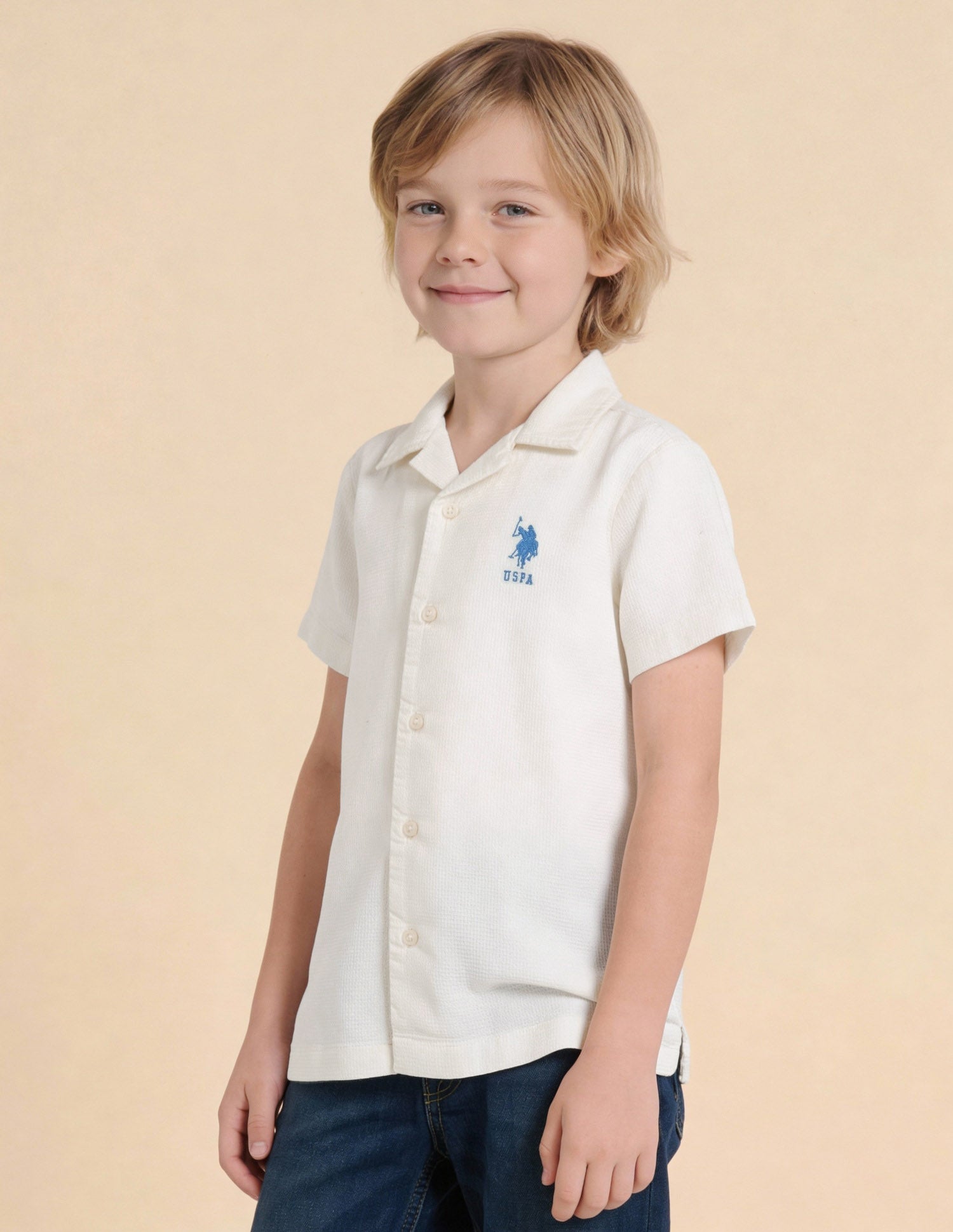 Boys Textured Graphic Brand Appliqued Shirt White - U.S. Polo Assn. India | Large
