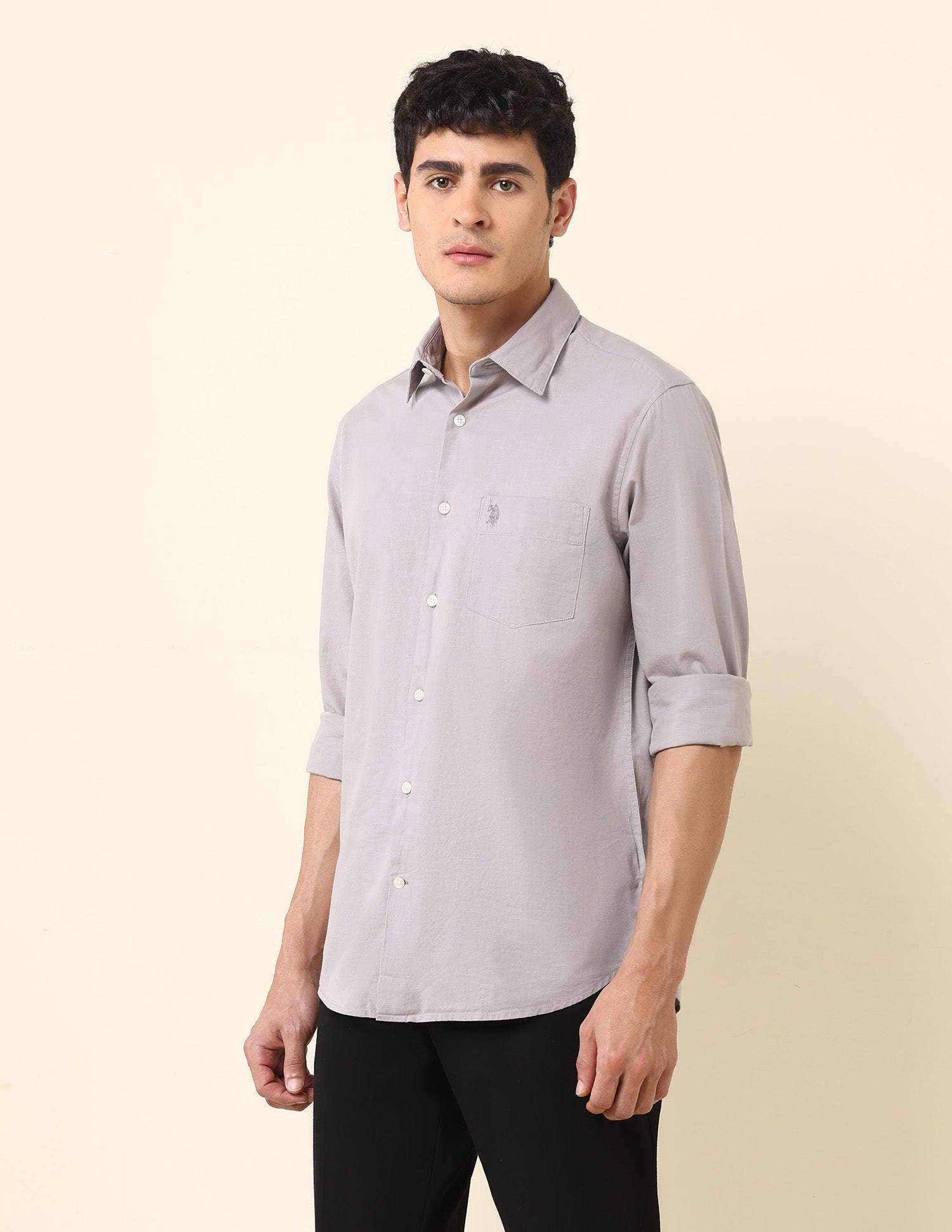 Solid Twill Tailored Fit Shirt Light Grey - U.S. Polo Assn. India | Large