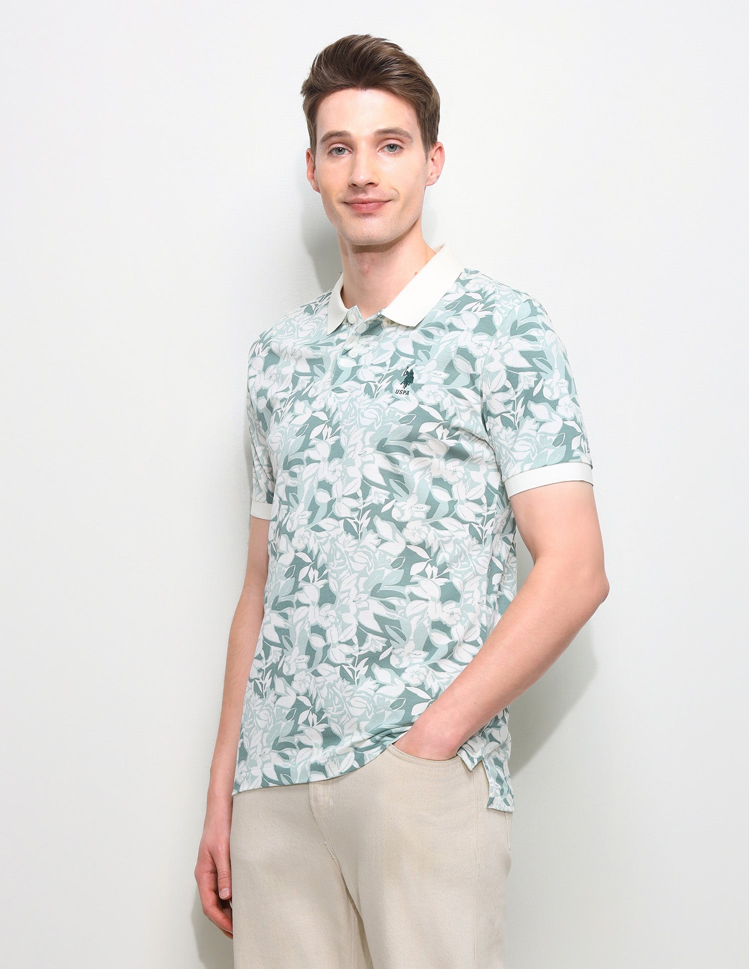 Floral Printed Slim Fit Polo Shirt Light Brown - U.S. Polo Assn. India | Large