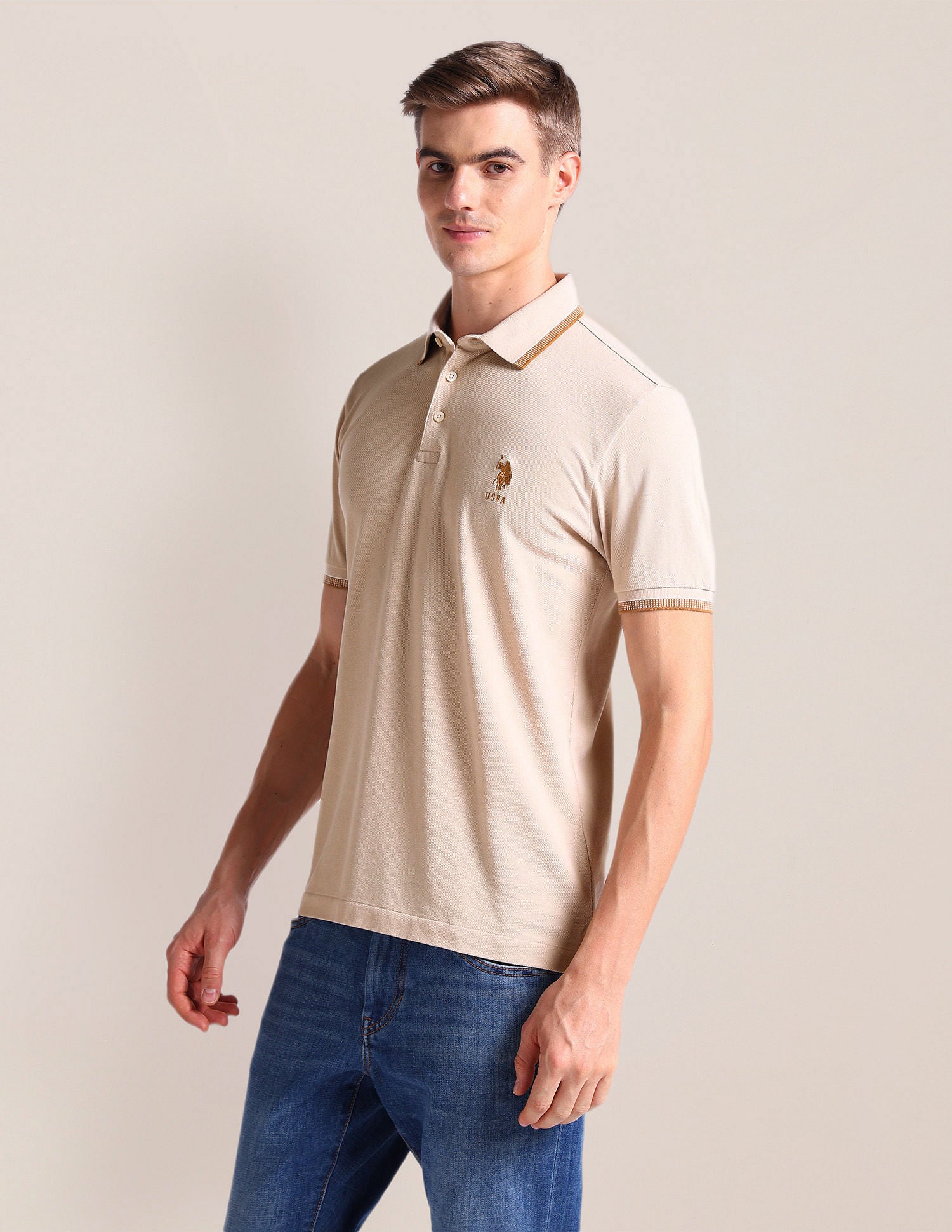 Solid Slim Fit Polo Shirt Beige - U.S. Polo Assn. India | Large
