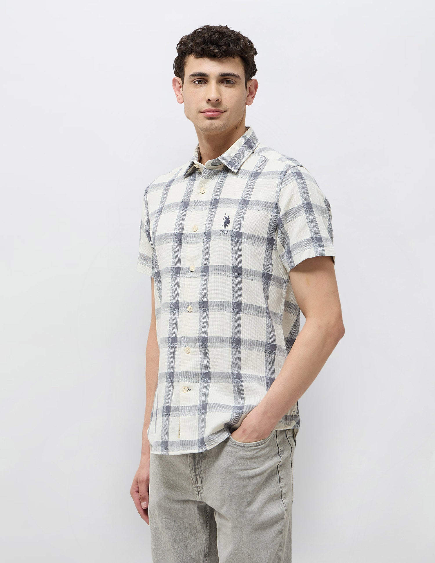 Regular Fit Textured With Grid Checked Shirt Off White - U.S. POLO ASSN. | Large