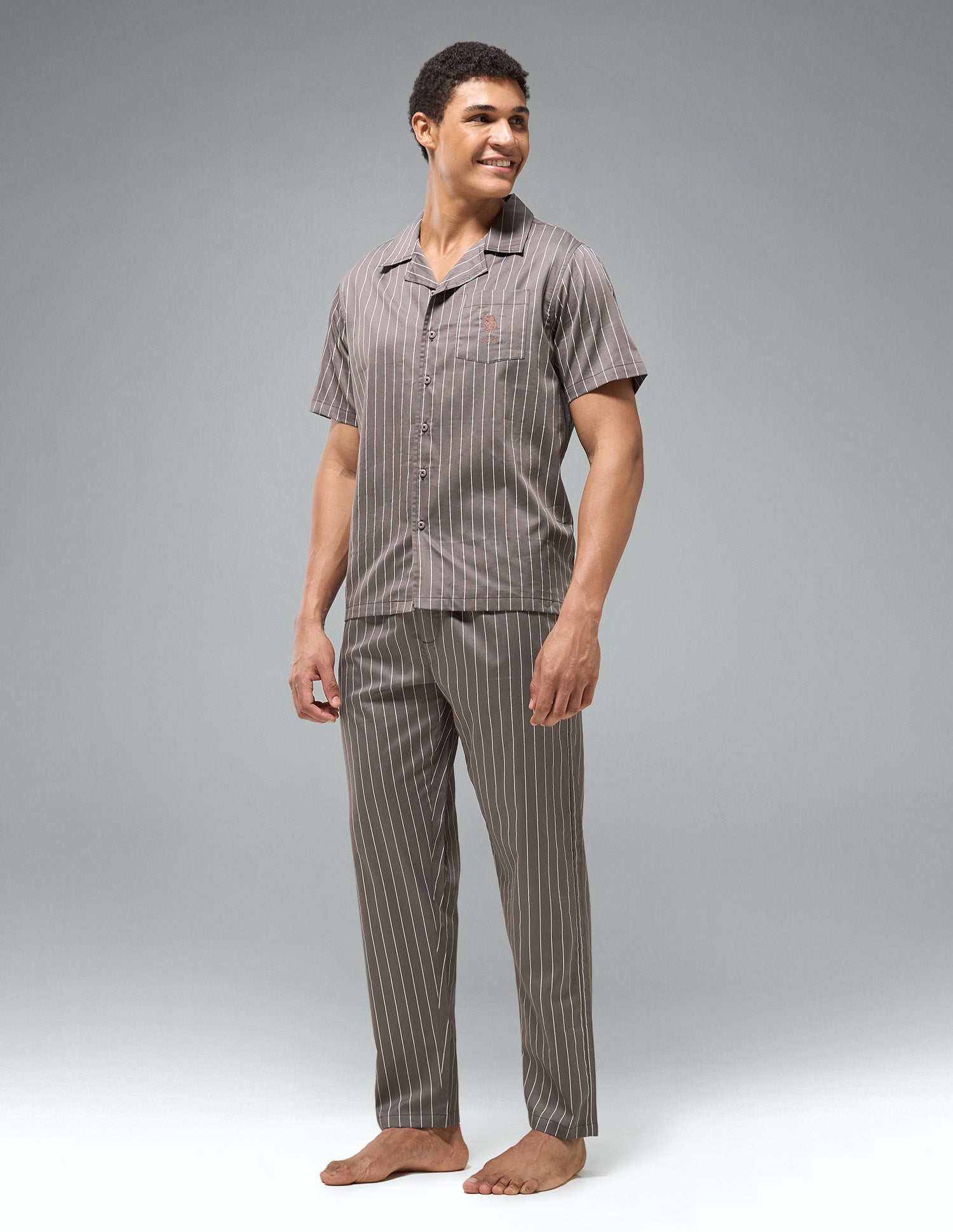Pure Cotton Striped OESS03 Sleep Set Dark Brown - U.S. Polo Assn. India | Large
