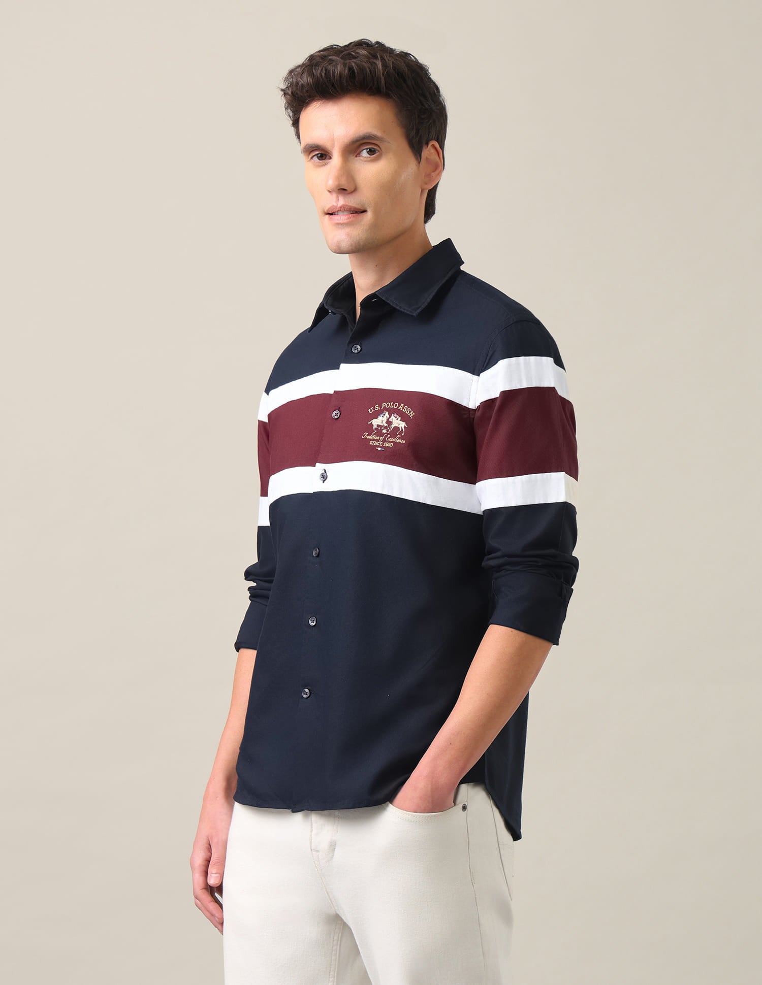 Colour Blocked Tailored Fit Shirt Navy Blue - U.S. Polo Assn. India | Large