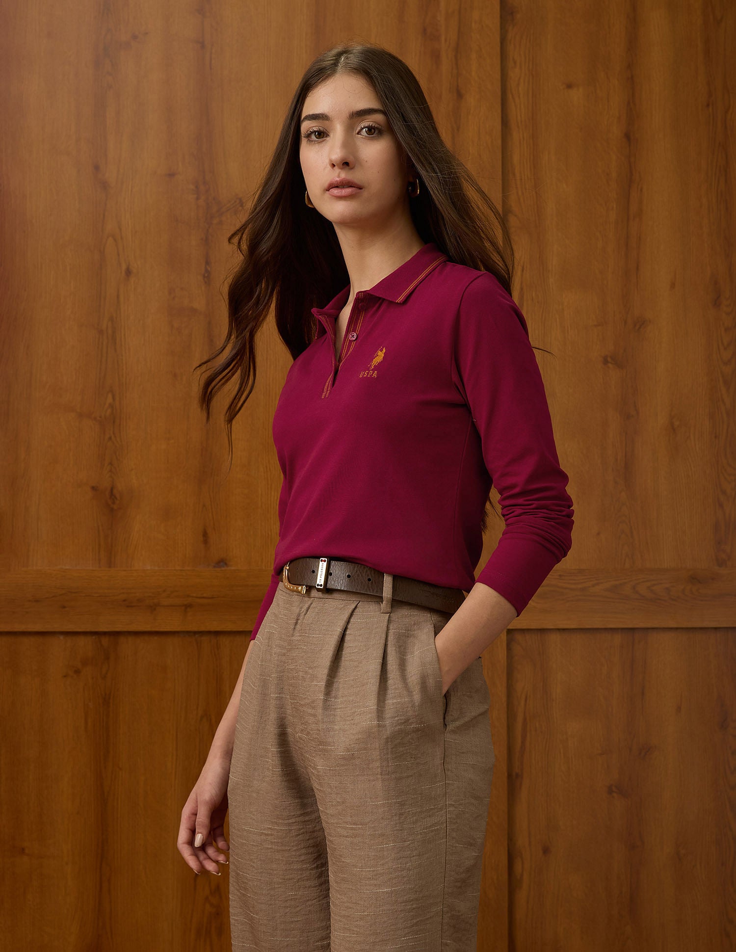 Polo Collar Cotton Tshirt With Full Sleeves Dk. Red - U.S. POLO ASSN. | Large