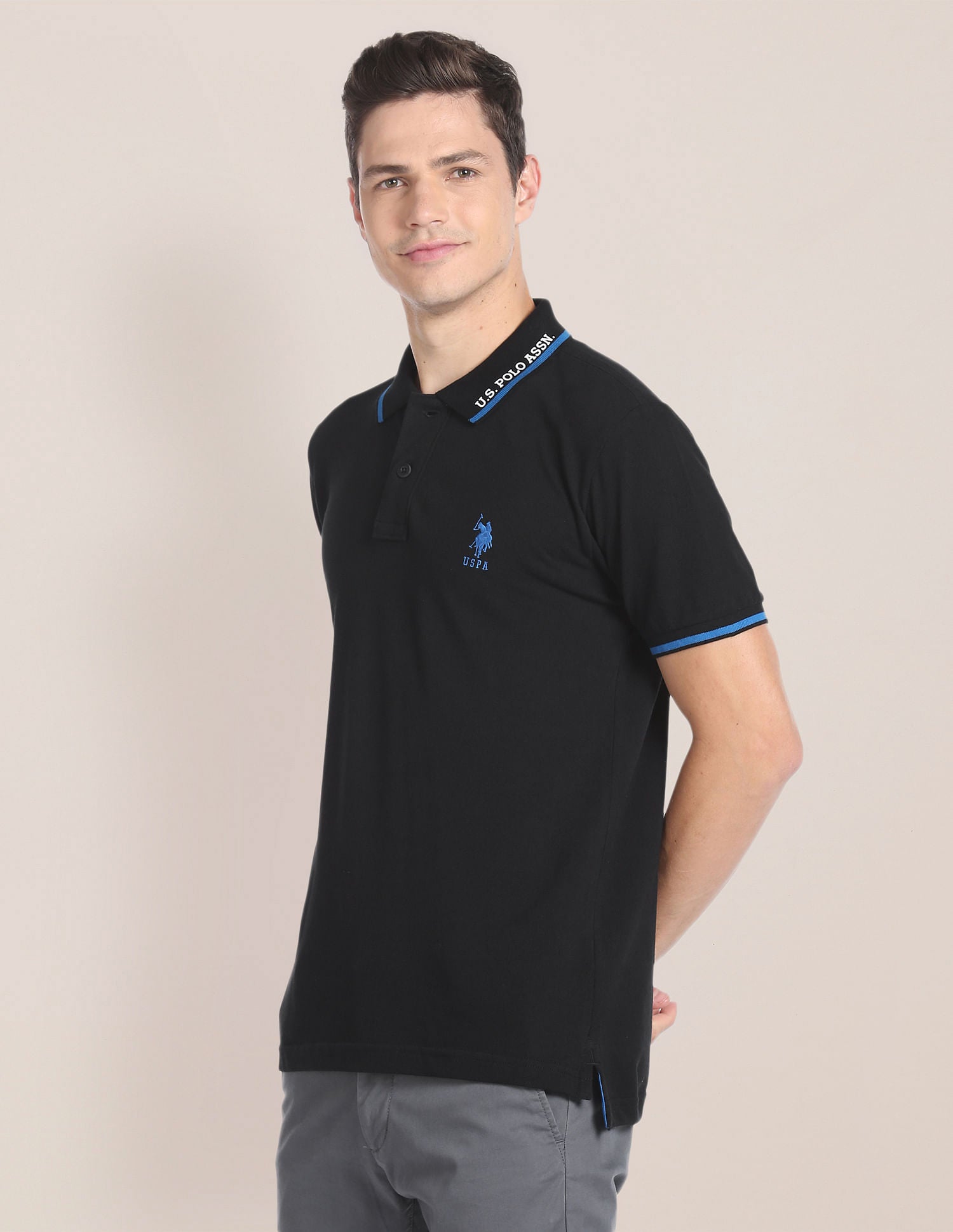 Tipped Collar Cotton Polo Shirt Black - U.S. Polo Assn. India | Large