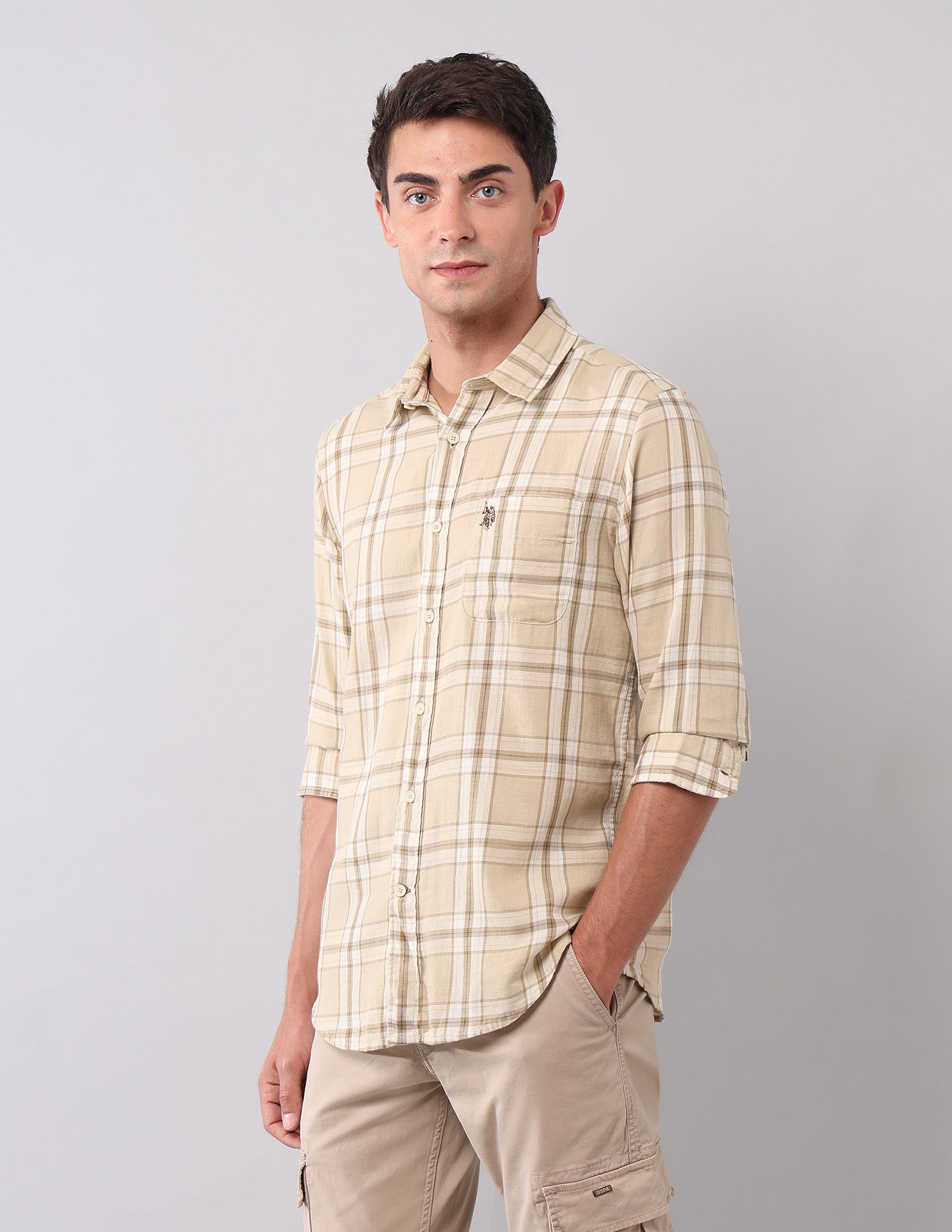 Plaid Checked Pure Cotton Shirt Dark Beige - U.S. Polo Assn. India | Large