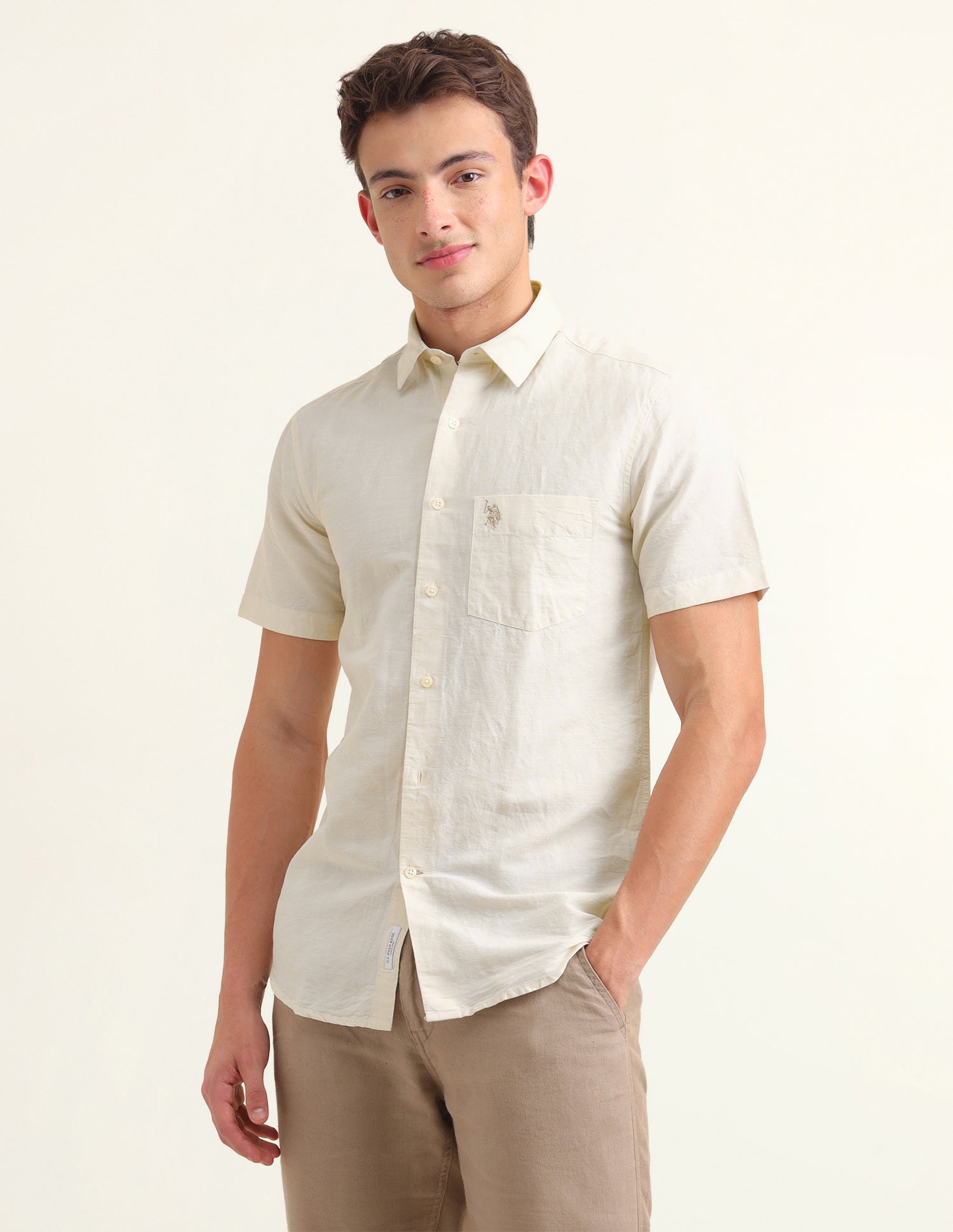 Solid Regular Fit Shirt Beige - U.S. Polo Assn. India | Large