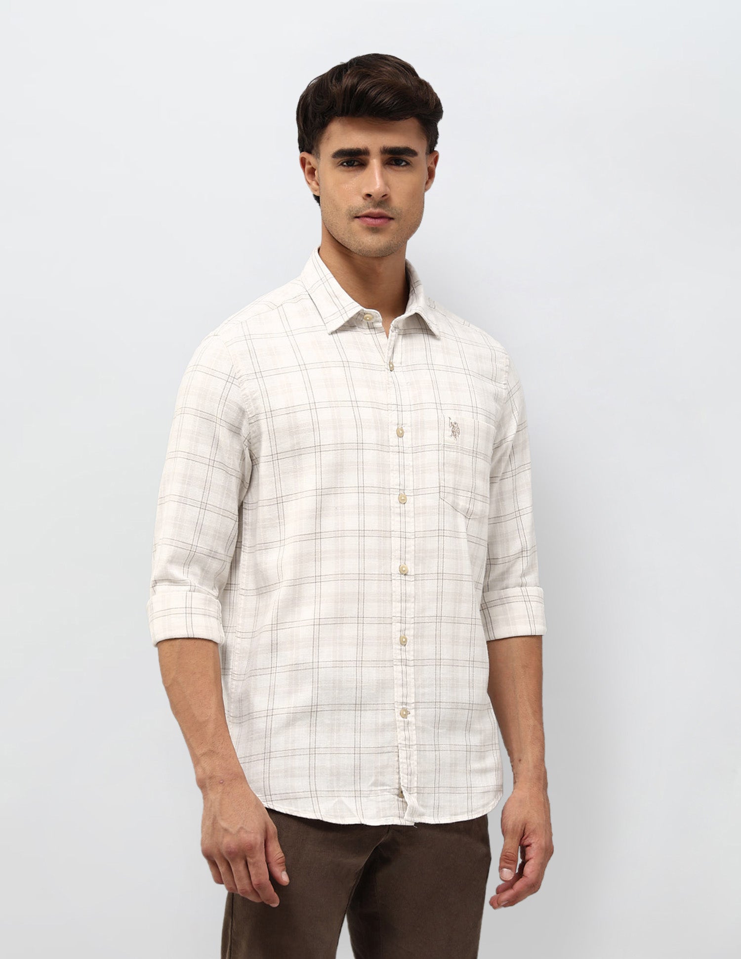 Grid Tattersall Checked Herringbone Shirt Ecru - U.S. POLO ASSN. | Large