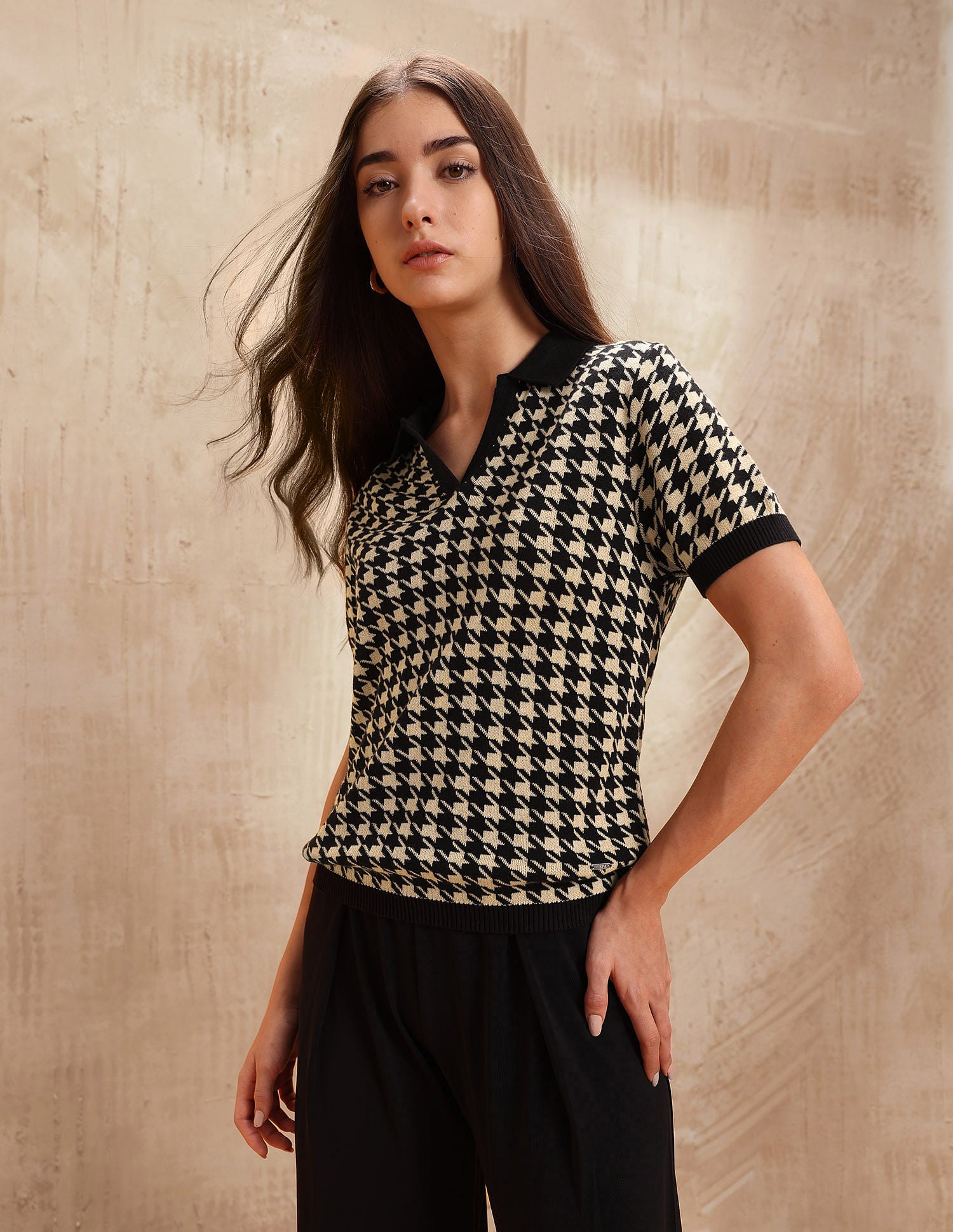 Flat Knit Polo With V Neck And Houndstooth Jacquard Pattern Black - U.S. Polo Assn. India | Large