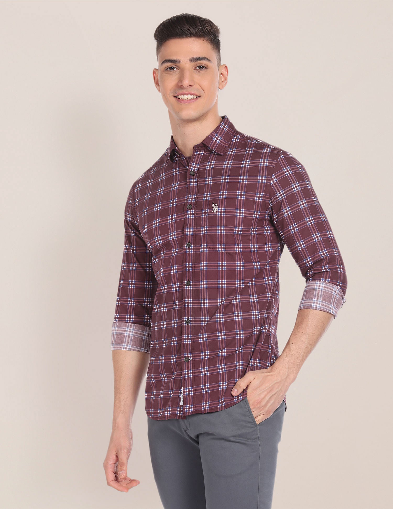 Spread Collar Twill Shirt Maroon - U.S. Polo Assn. India | Large