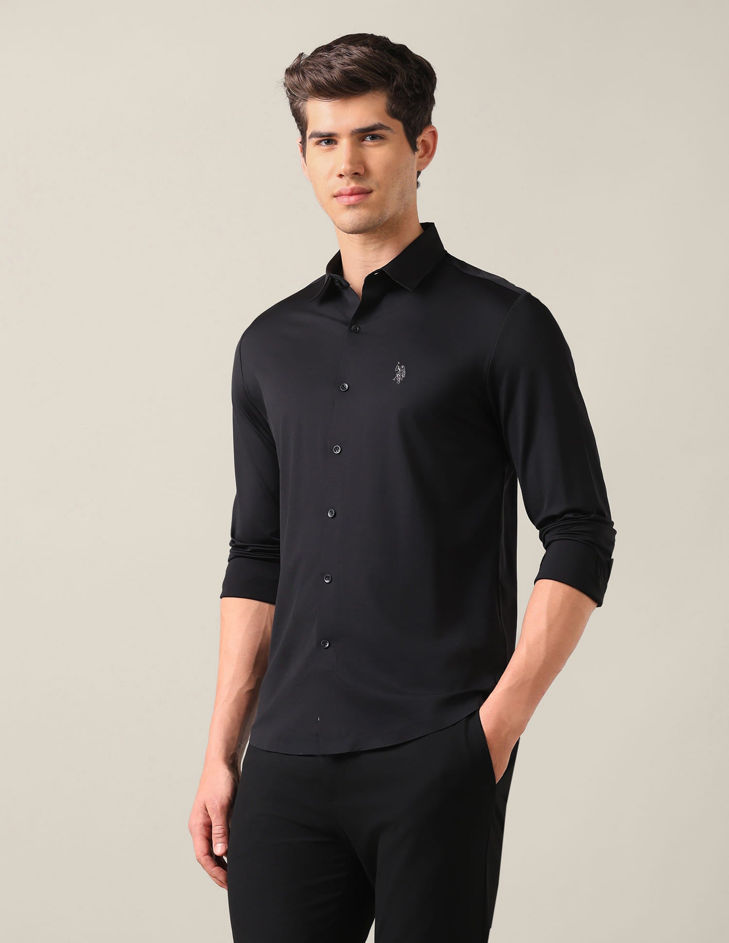 Tailored Fit Knitted Shirt Black - U.S. Polo Assn. India | Large