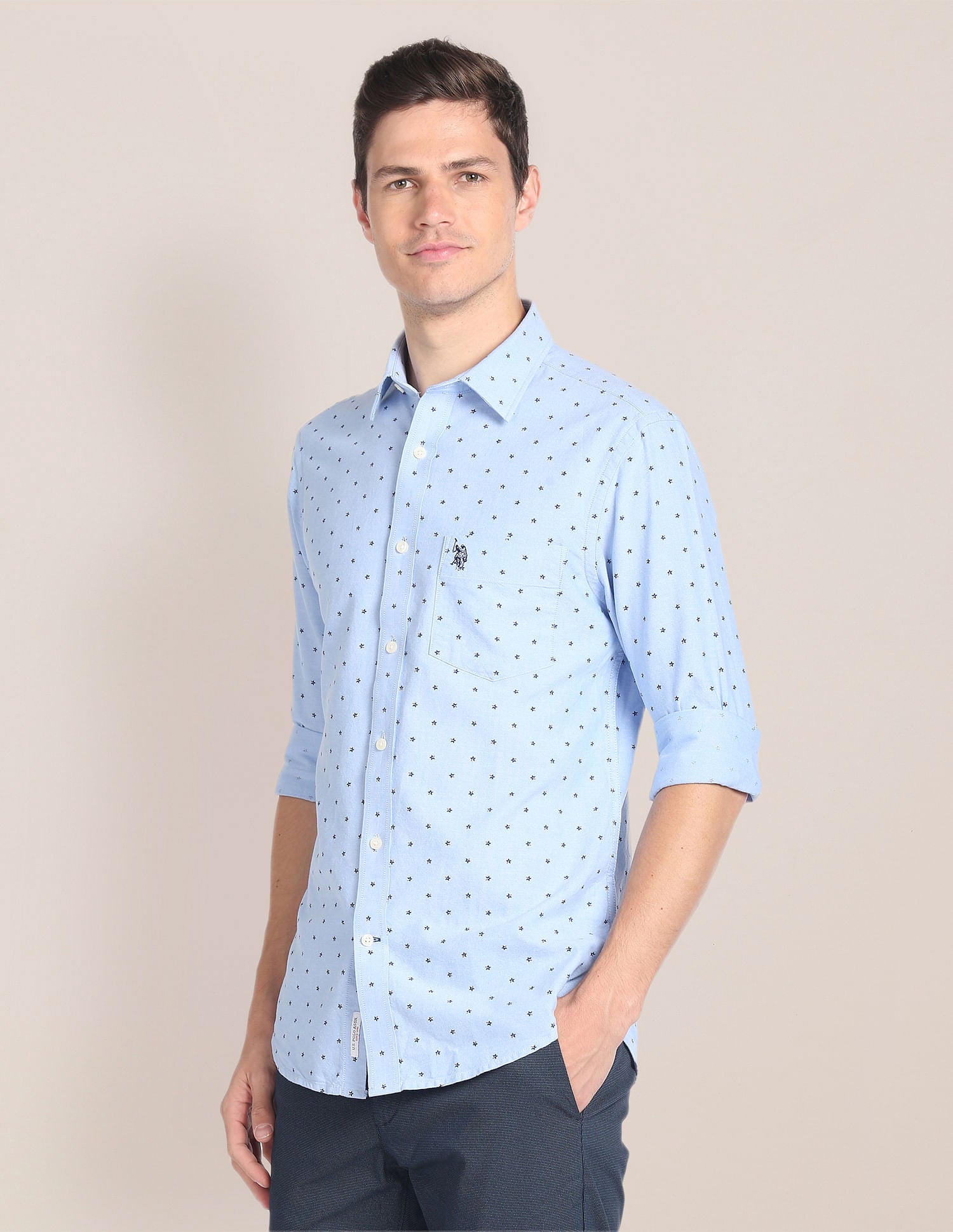 Cutaway Collar Geometric Print Shirt Blue - U.S. Polo Assn. India | Large