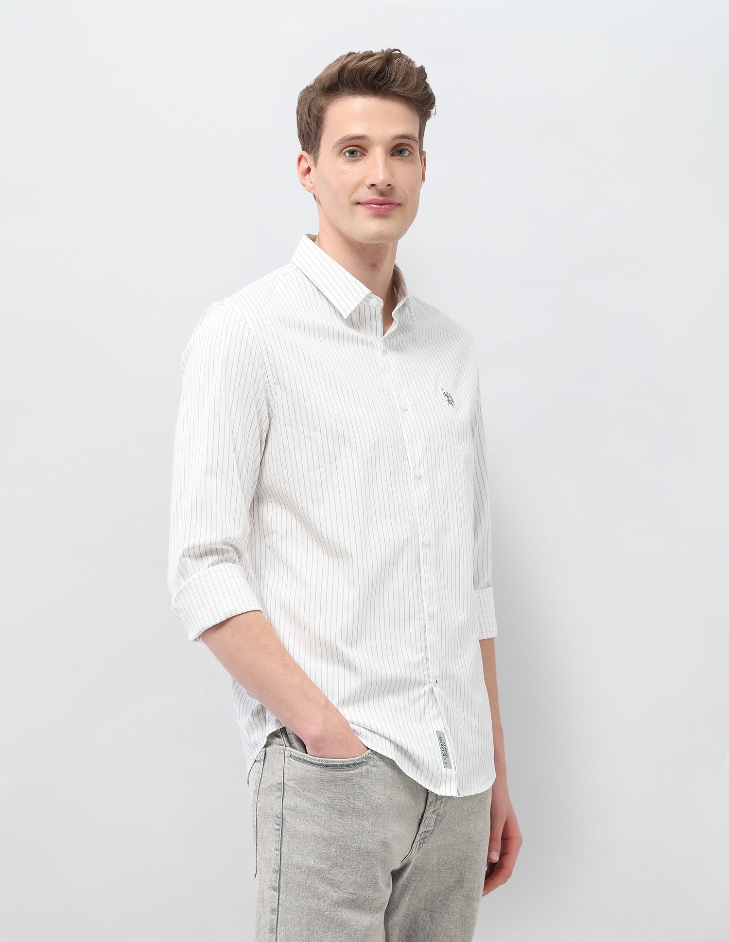 Self Design Vertical Striped Black & Gold Shirt White - U.S. Polo Assn. India | Large