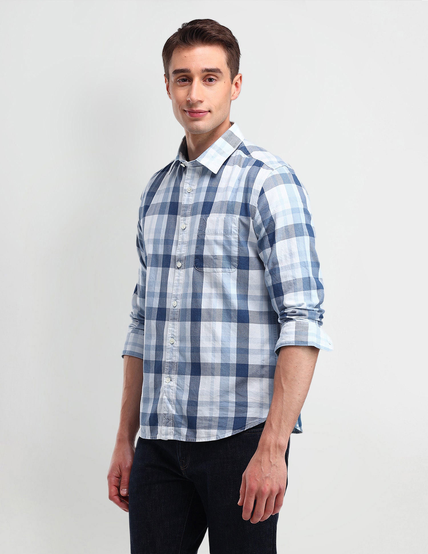 Slim Fit Checked Shirt Light-Blue - U.S. Polo Assn. India | Large