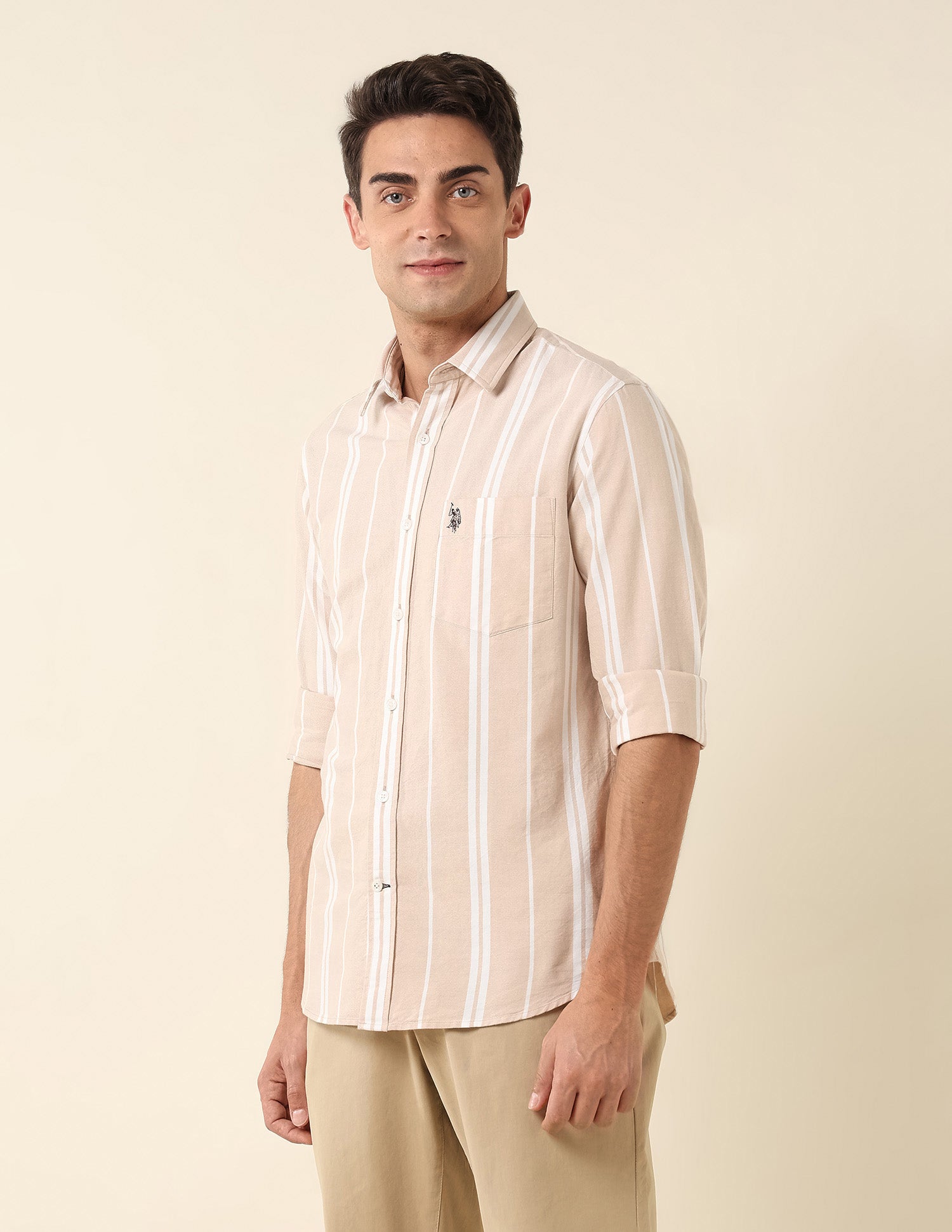 Vertical Striped Tailored Fit Shirt Beige - U.S. Polo Assn. India | Large