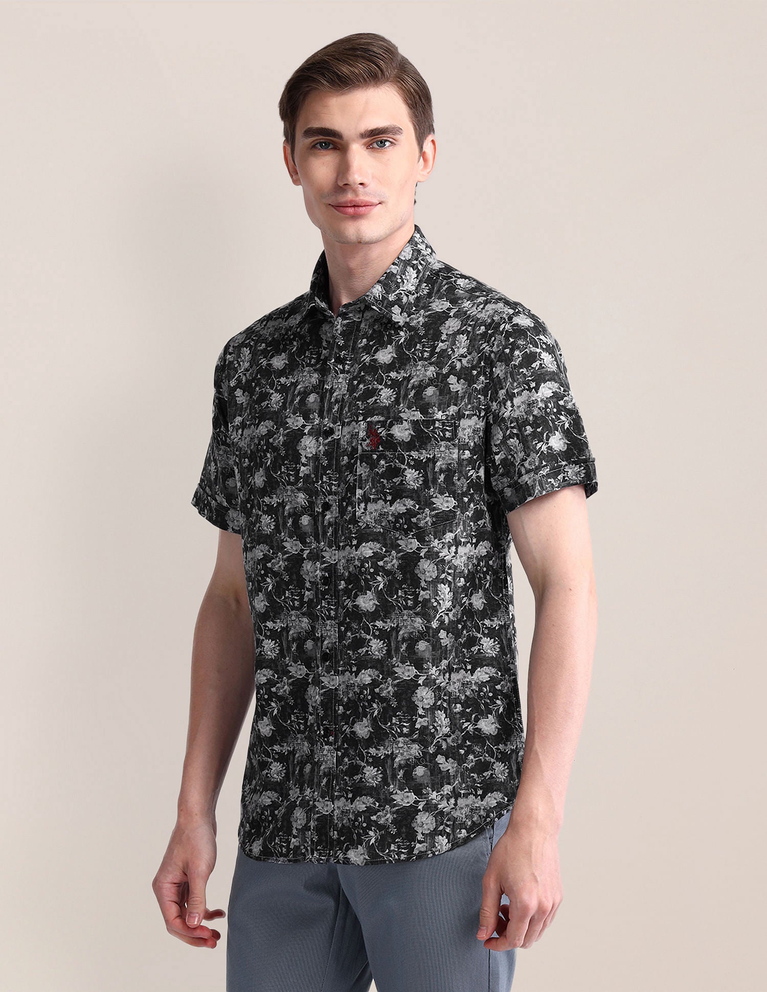 Tailored Fit Floral Shirt Charcoal-Grey - U.S. Polo Assn. India | Large