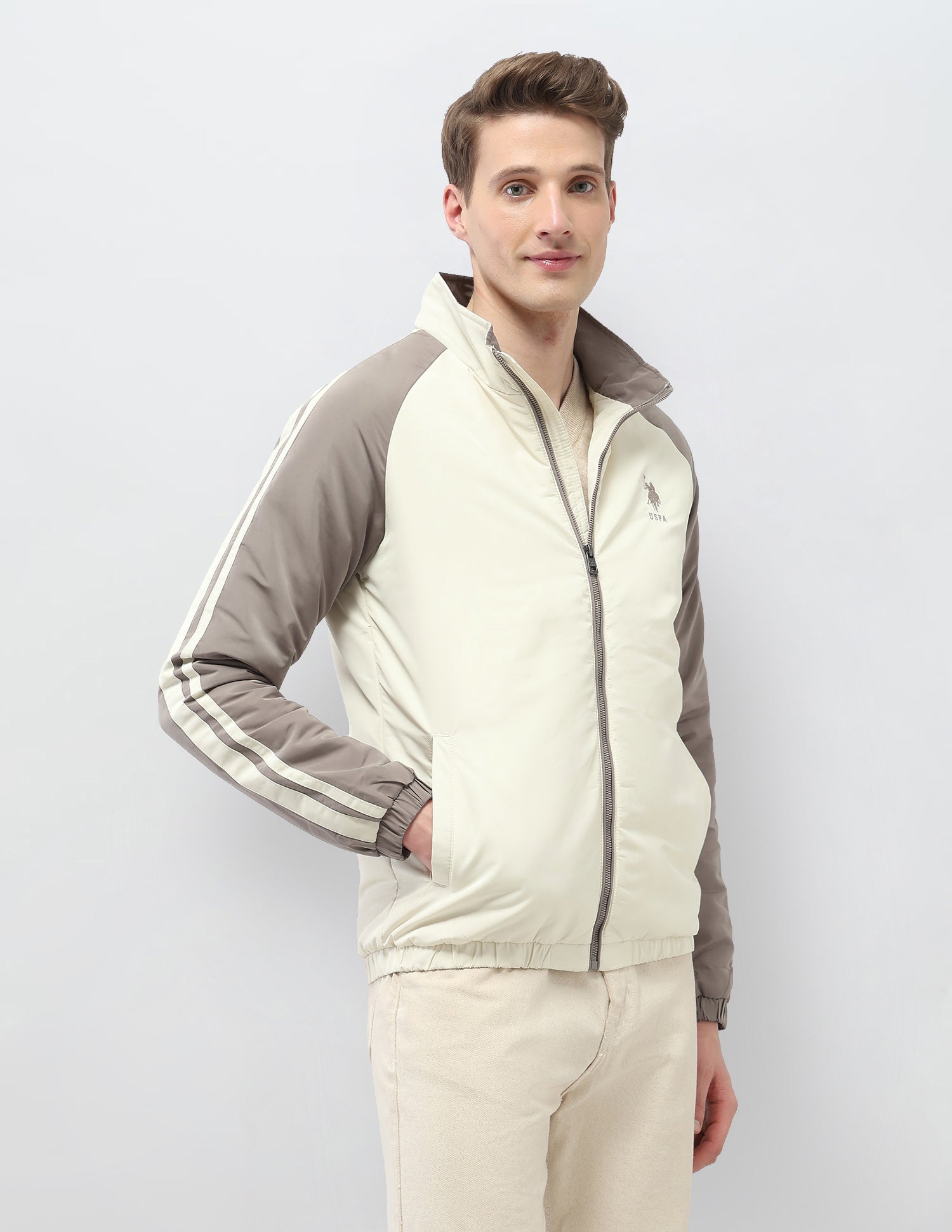 Colour Blocked Regular Fit Puffer Jacket Ivory - U.S. Polo Assn. India | Large