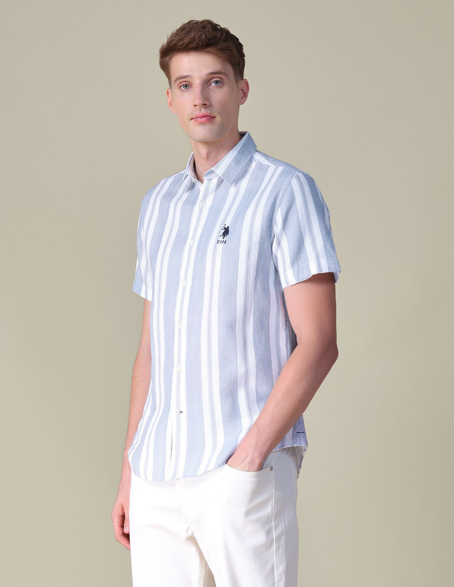 Textured Vertical Striped Regular Fit Shirt Blue - U.S. POLO ASSN. | Large