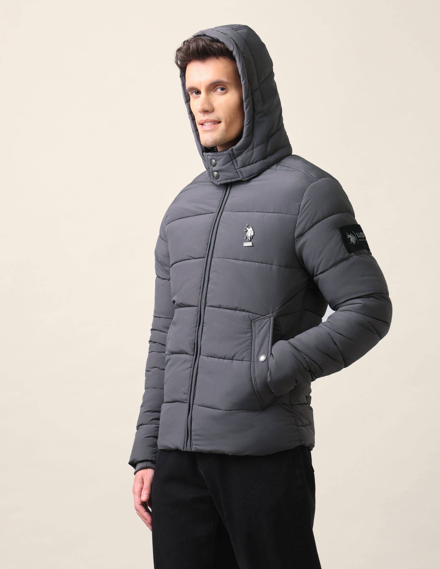 Regular Fit Solid Padded Jacket Dark Grey - U.S. Polo Assn. India | Large