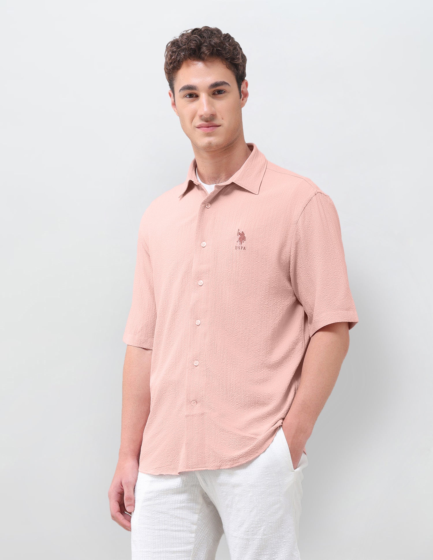 Crinkle Weave Regular Fit Shirt Pink - U.S. Polo Assn. India | Large