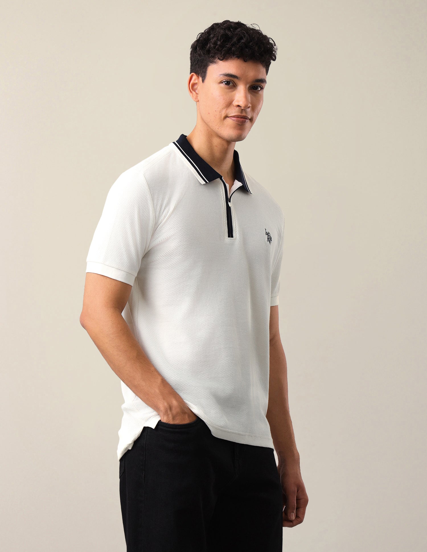 Textured Slim Fit Polo Shirt Ivory - U.S. Polo Assn. India | Large