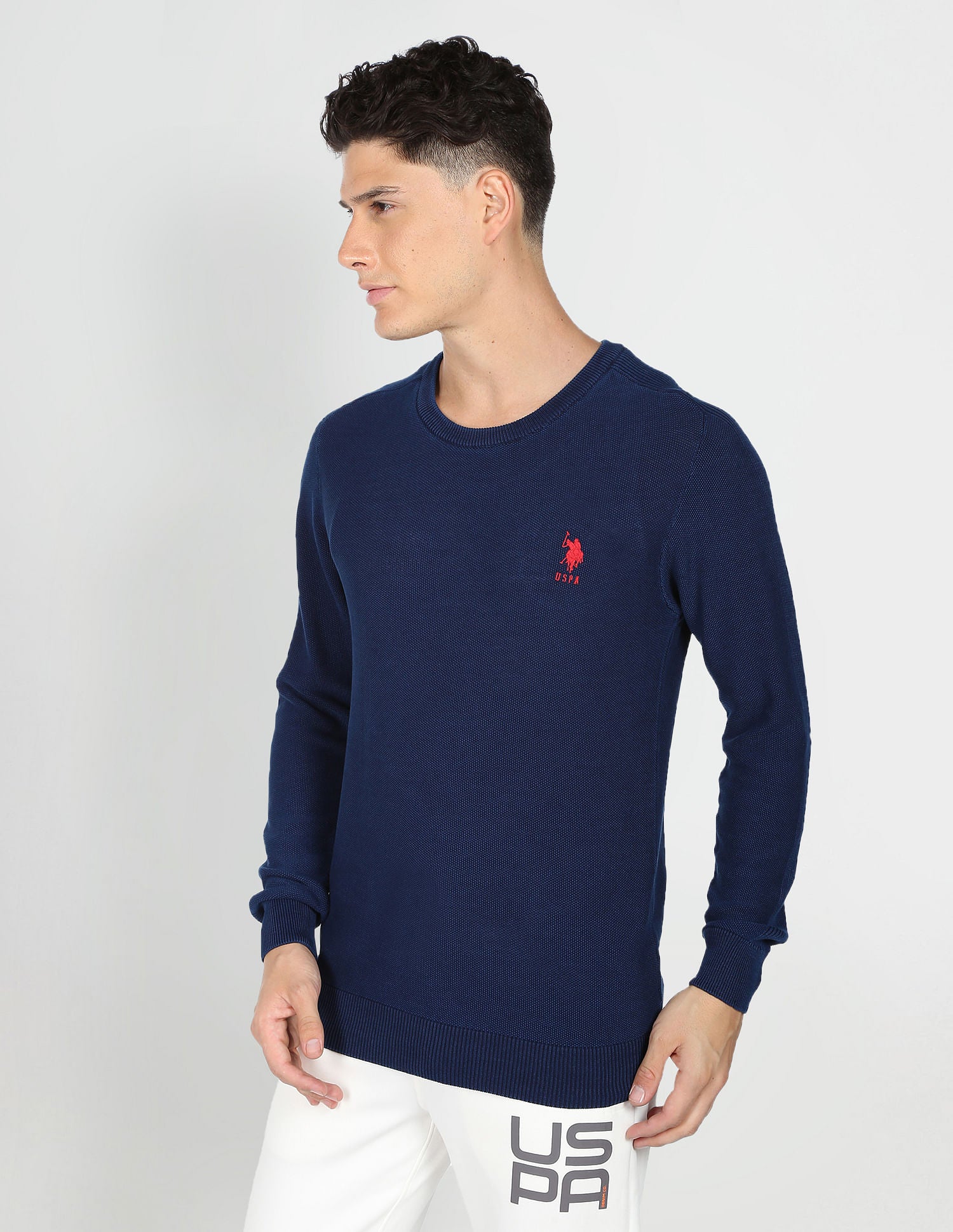 Crew Neck Cotton Textured Sweater Navy - U.S. Polo Assn. India | Large