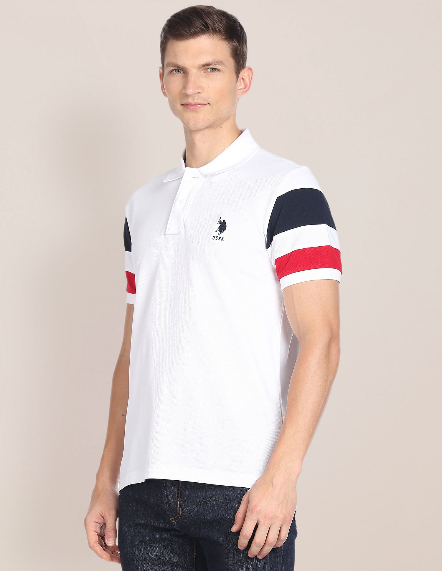 Striped Sleeve Cotton Polo Shirt White - U.S. POLO ASSN. | Large