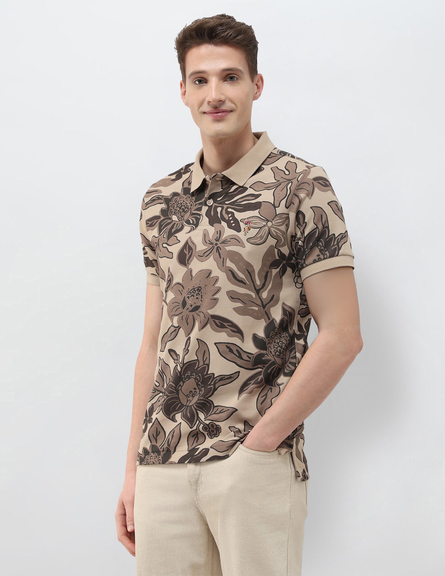 Floral Printed Summer House Polo Shirt Brown - U.S. Polo Assn. India | Large