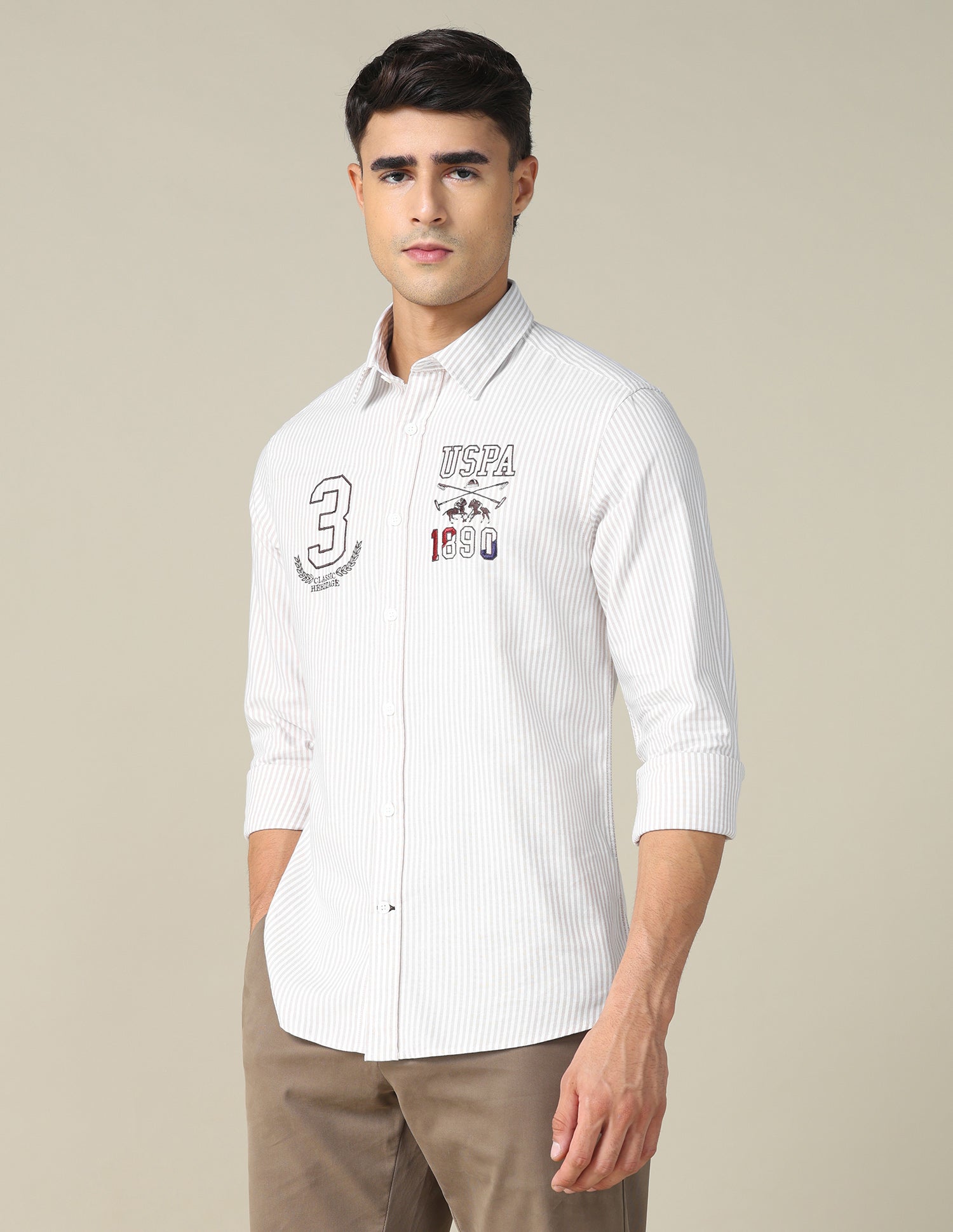 Oxford Vertical Striped Shirt Khaki - U.S. POLO ASSN. | Large