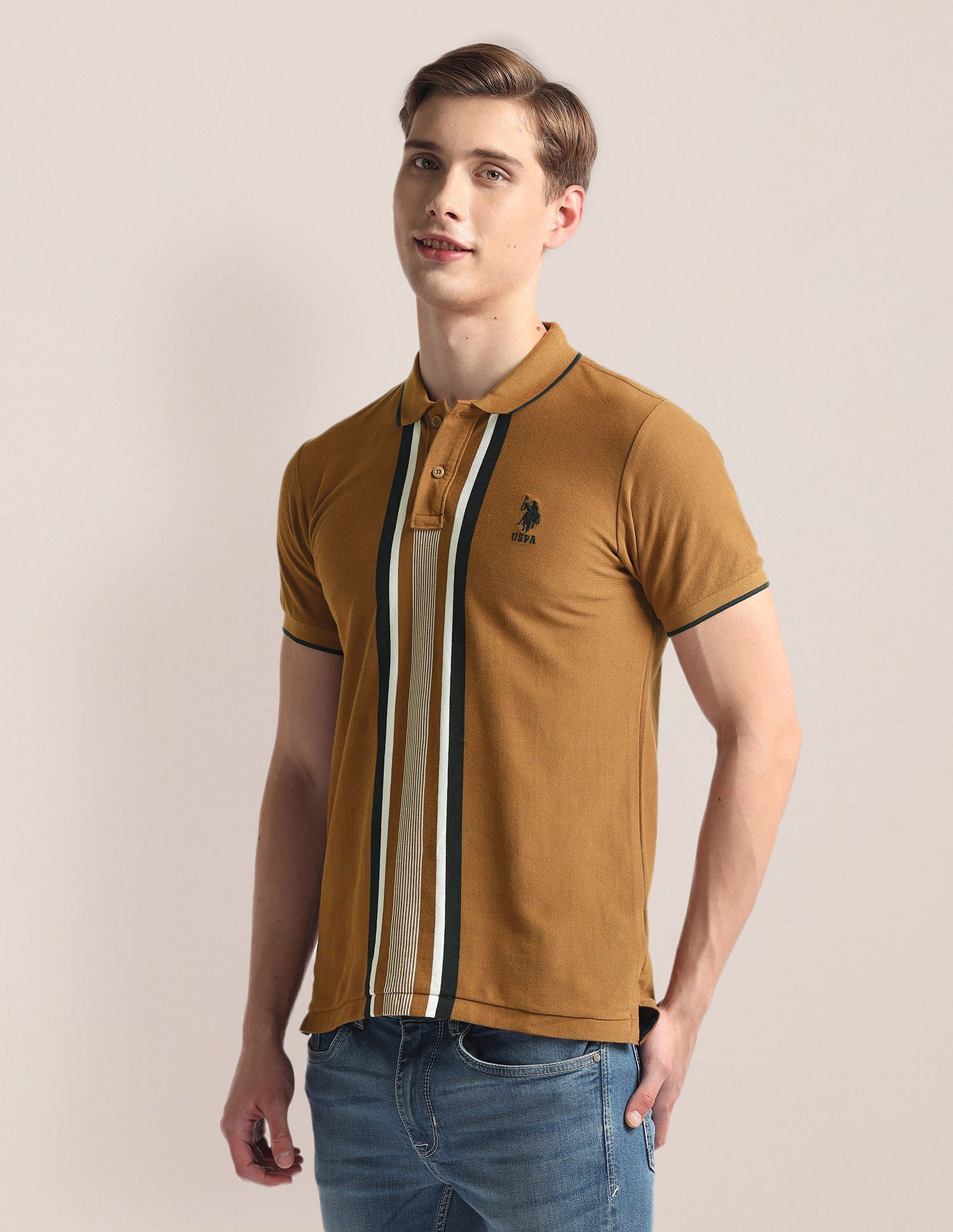 Vertical Stripe Pique Polo Shirt Brown - U.S. Polo Assn. India | Large