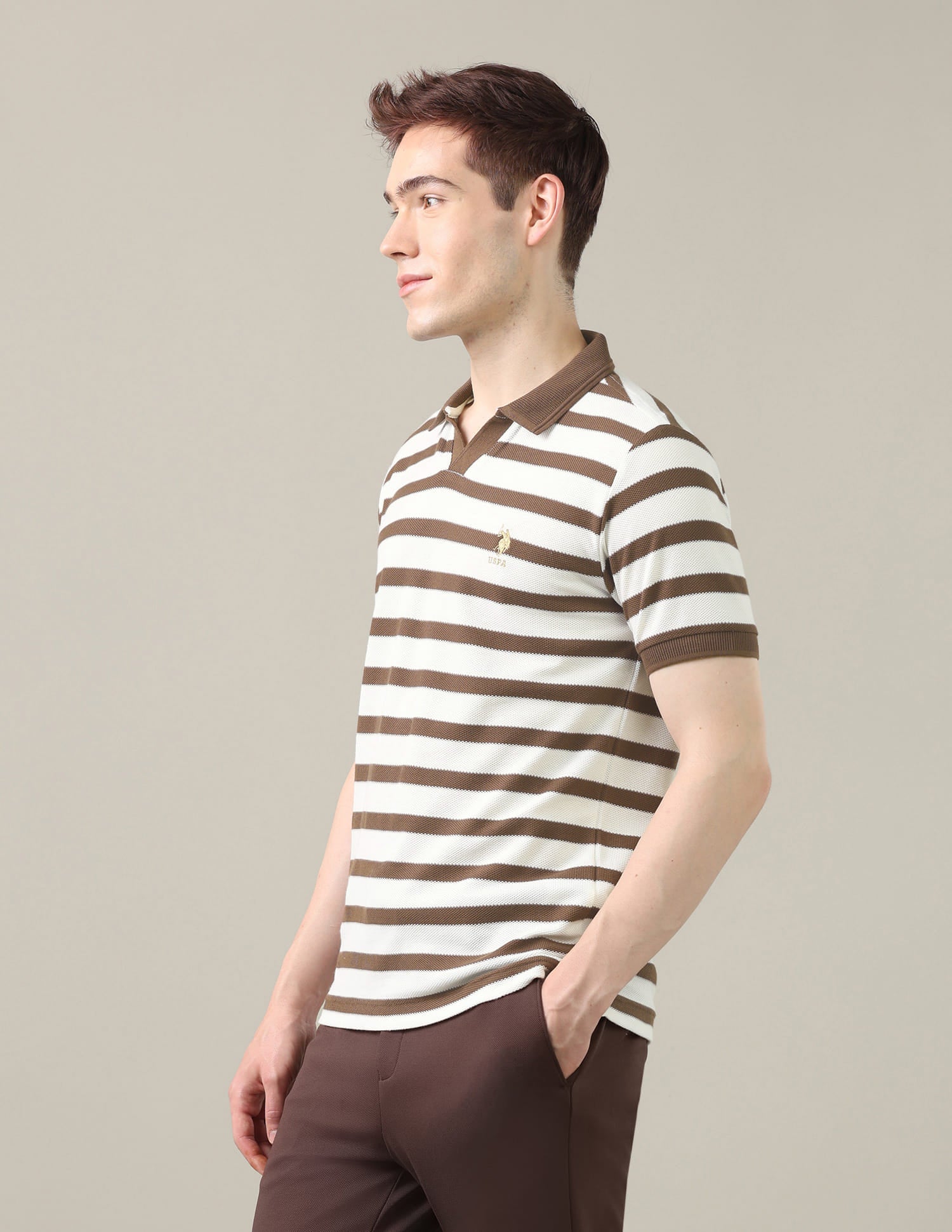 Horizontal Striped Slim Fit Polo Shirt Brown - U.S. Polo Assn. India | Large