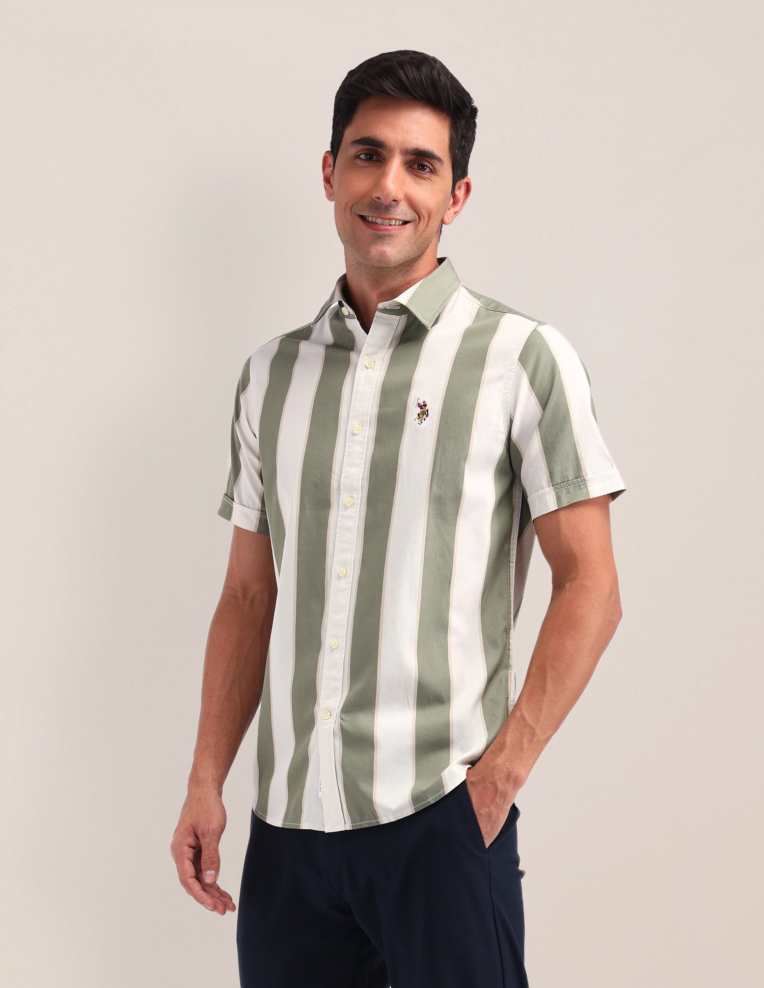 Vertical Striped Poplin Shirt Olive - U.S. Polo Assn. India | Large