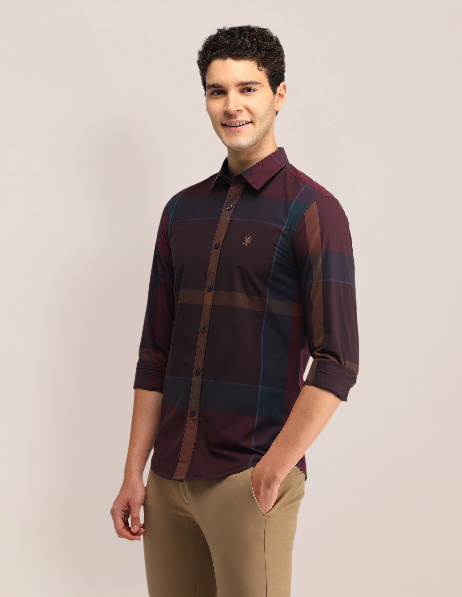 Grid Tattersall Checked Tailored Fit Shirt Maroon - U.S. Polo Assn. India | Large