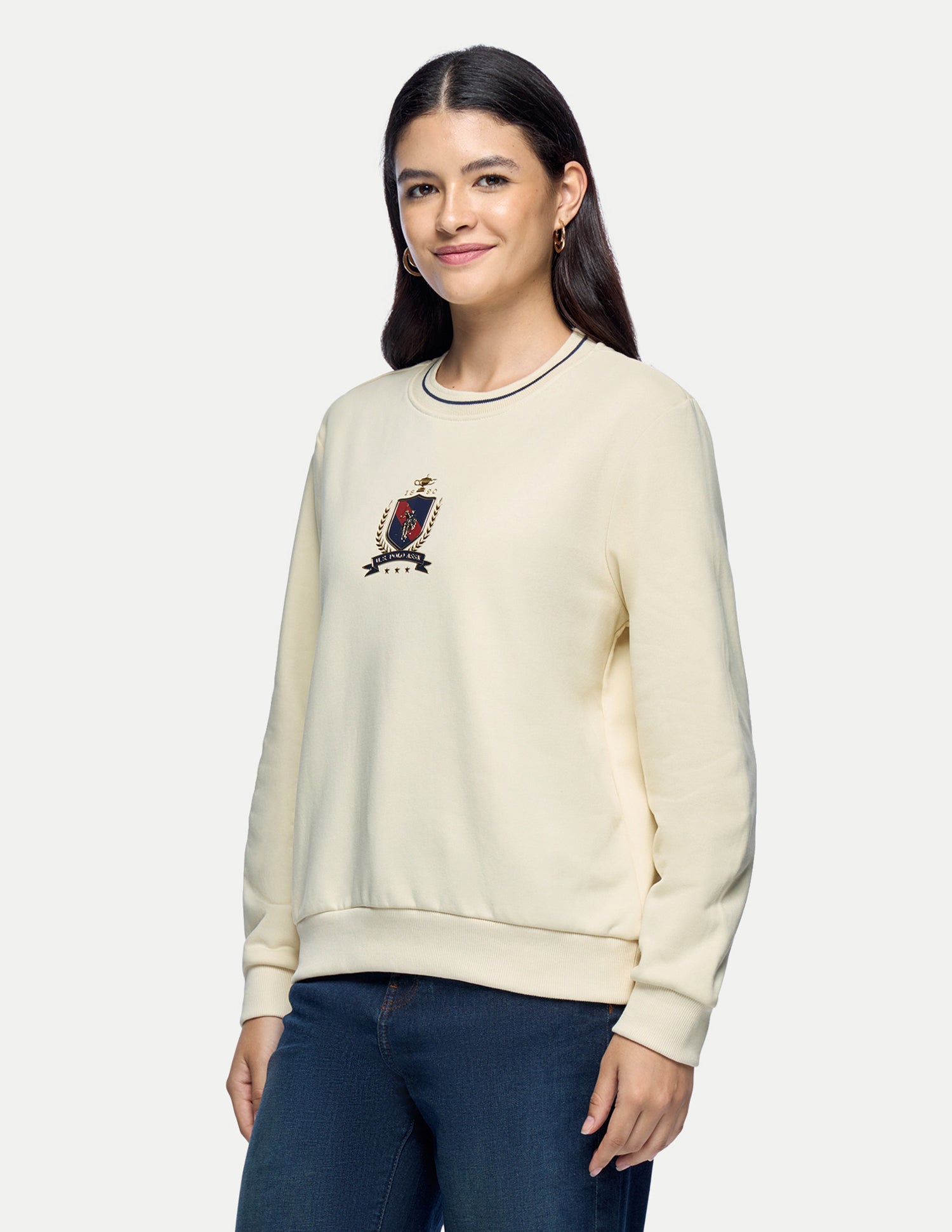 Brand Embossed Relaxed Fit Sweatshirt Ecru - U.S. Polo Assn. India | Large