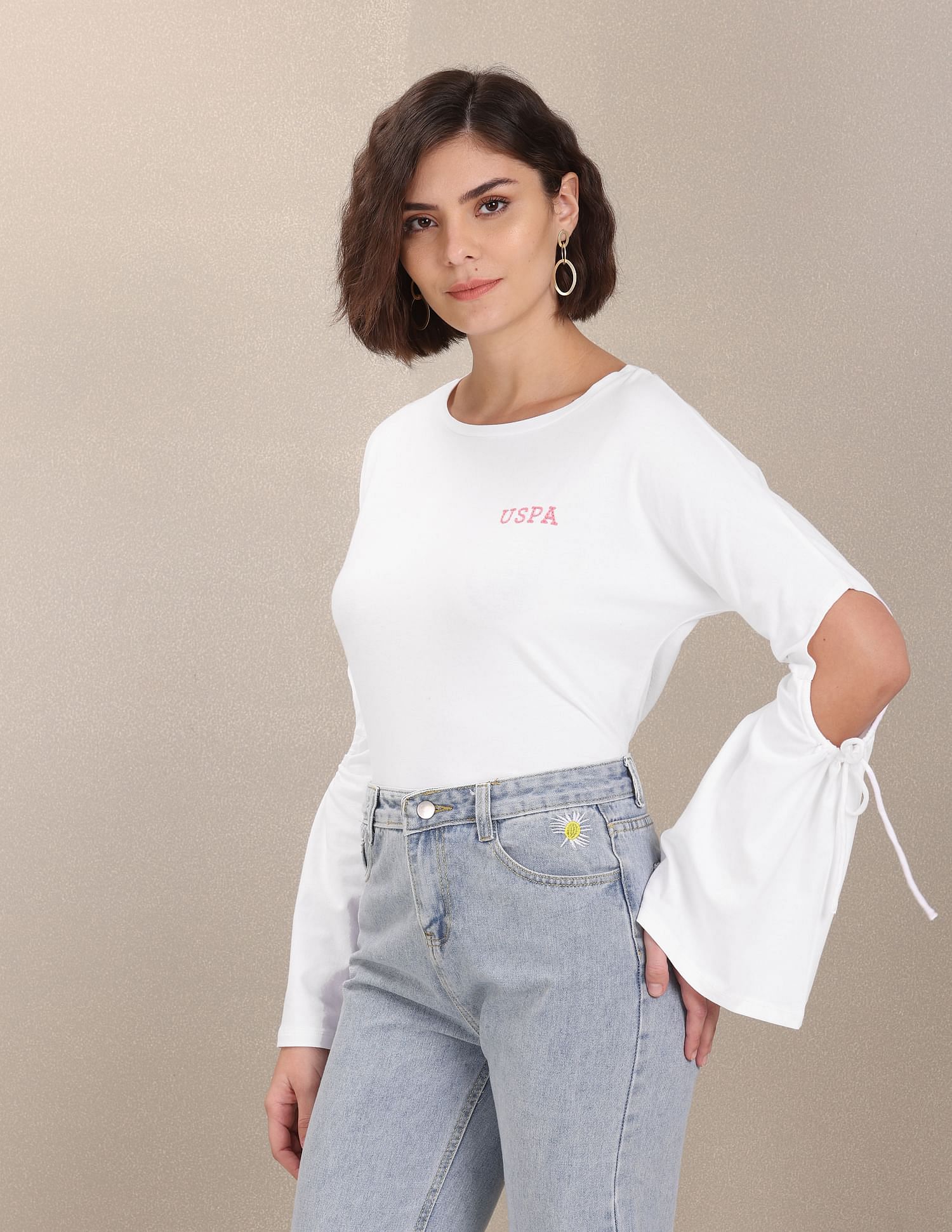 Round Neck Peasant Tie-Up Puff Sleeve Top White - U.S. Polo Assn. India | Large
