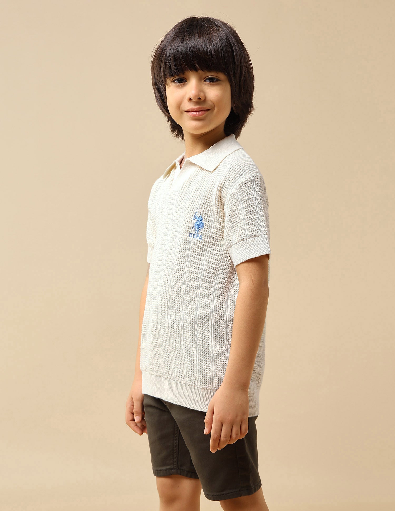 Boys Textured Regular Fit Polo Shirt Off White - U.S. POLO ASSN. | Large