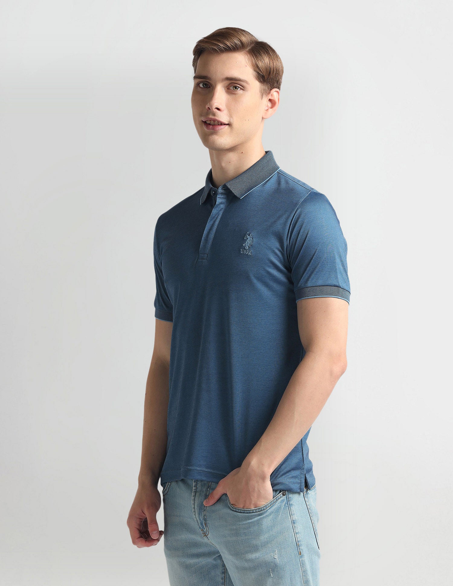 Ribbed Collar Solid Polo Shirt Blue - U.S. Polo Assn. India | Large