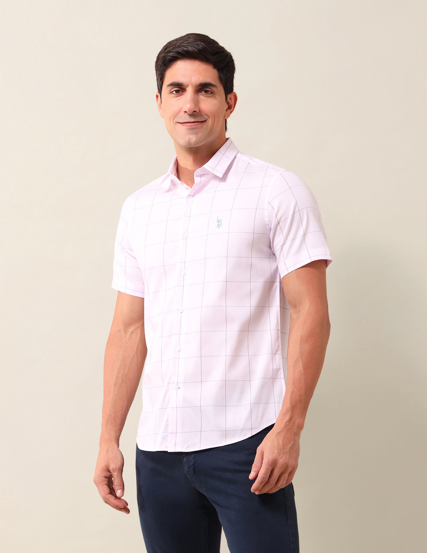 Windowpane Checked Tailored Fit Shirt Light Pink - U.S. Polo Assn. India | Large